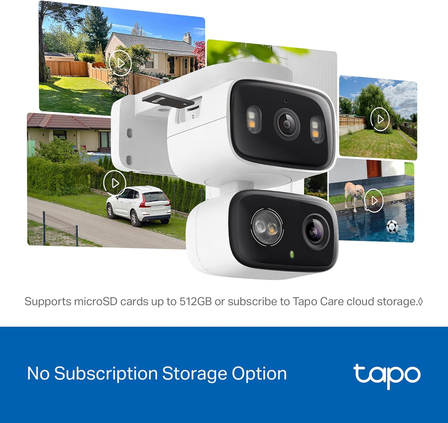 Tapo 2K Indoor/Outdoor Dual Lens Pan/Tilt Wired Security Camera - 125° Wide-Angle View + 6mm Zoom, Motion Track, Person/Vehicle Detection, Subscription-Free Local Storage or Optional Cloud, C246D