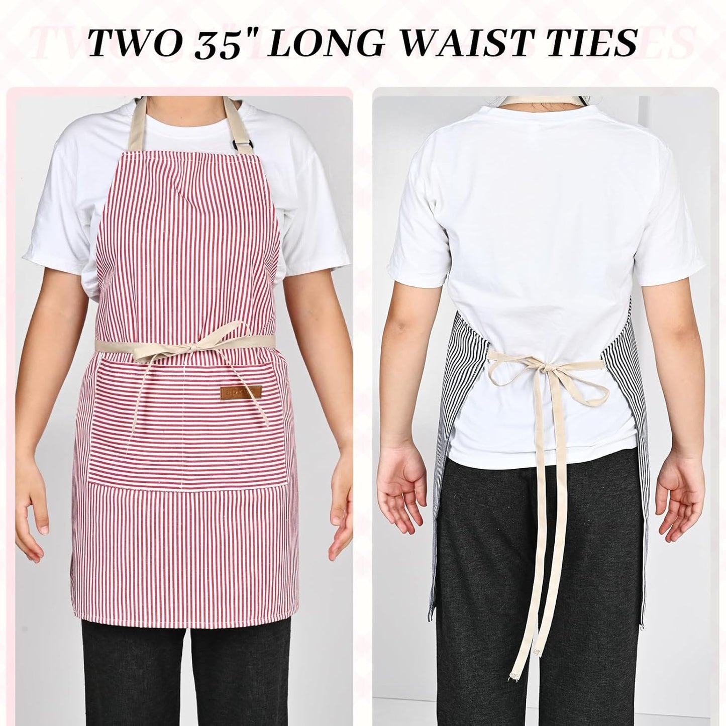 2Pack Adjustable Kitchen Apron for Women Men with 2 Pockets，Cotton-Polyester Blend Bib Aprons for Cooking,Baking