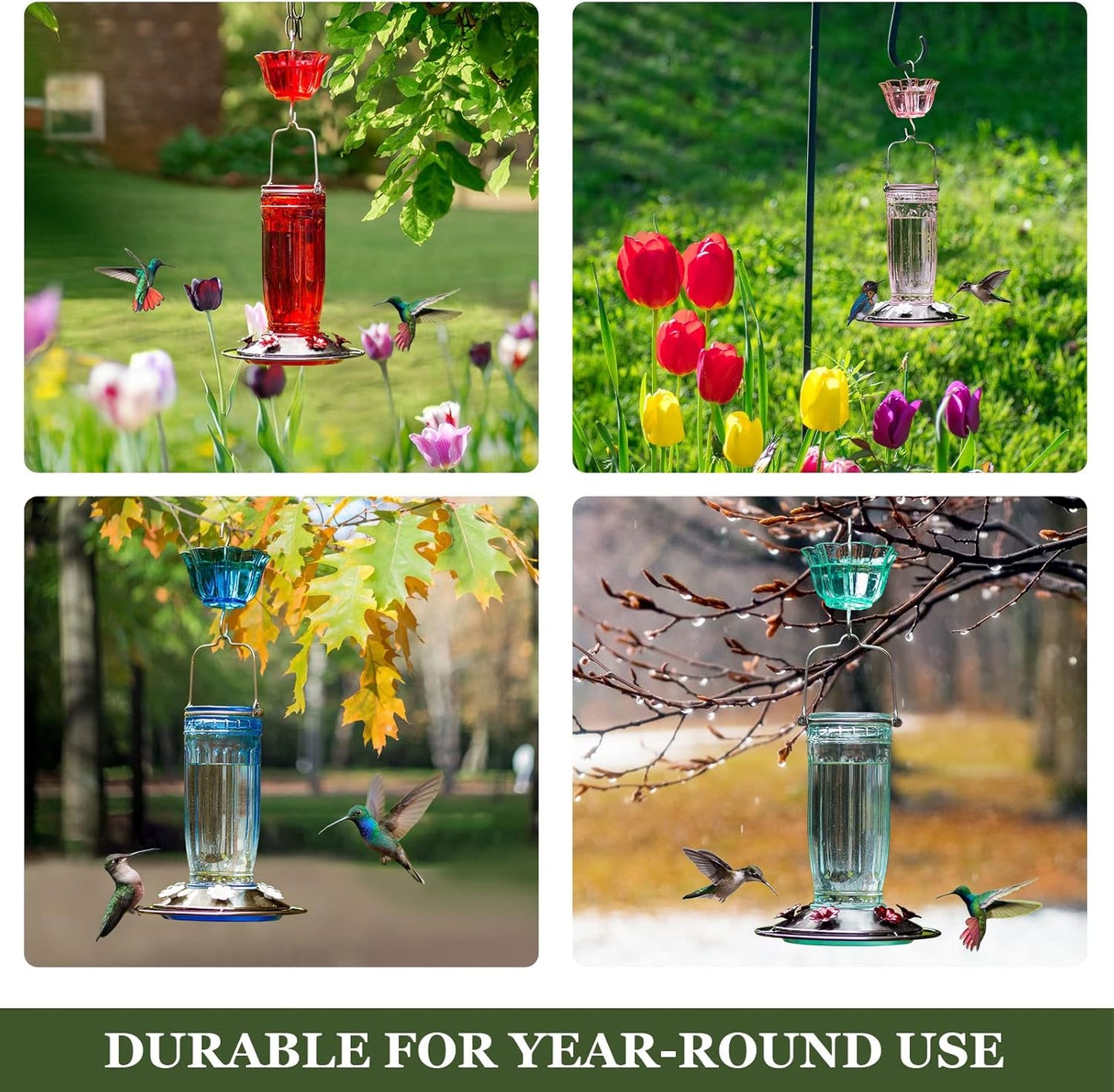 Kingsyard Glass Hummingbird Feeder for Outdoors Wild Bird Feeder with 6 Feeding Ports Hanging for Garden Yard, Red (Ant Moat Included)