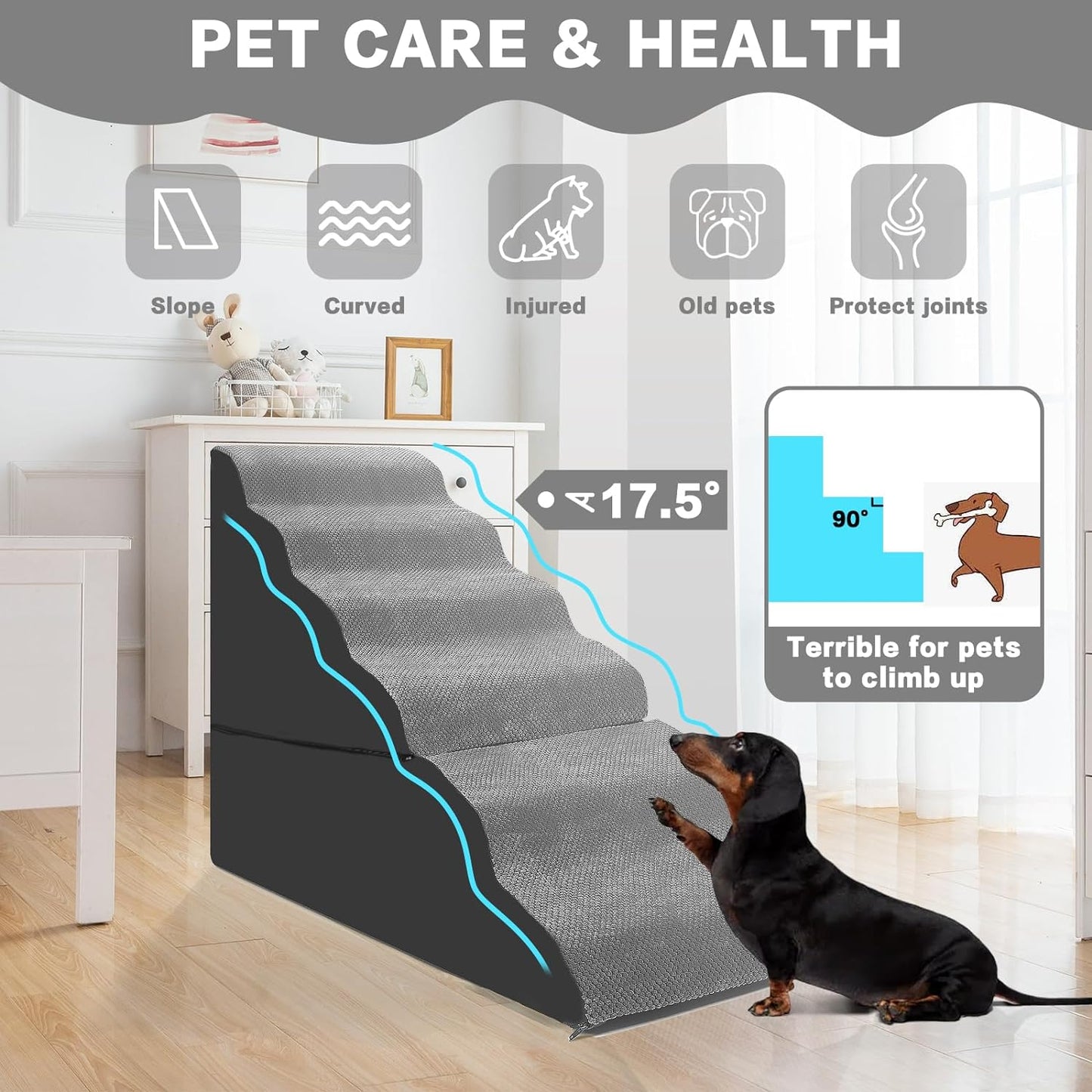 Dog Stairs for High Beds 30-36 inches Tall, 6-Step Dog Steps for Bed 32-36 inches for Small Large Dogs, Doggie Ramp for Bed, 30D Foam Pet Stairs for Old Dogs/Cats, Free-Installation, Grey