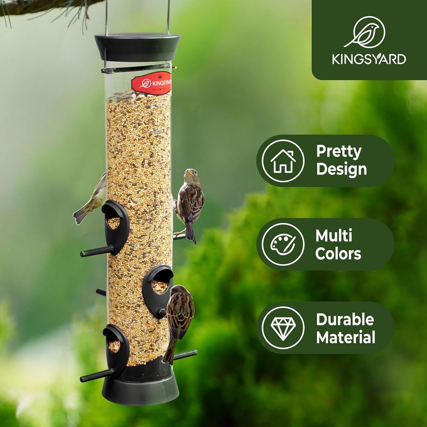 Kingsyard 2 Pack Tube Bird Feeders for Outdoors Hanging, Wild Bird Feeder with 6 Feeding Ports, Easy to Clean & Refill, 2 lbs Seed Capacity, Great for Attracting Finches, Cardinals (Black)