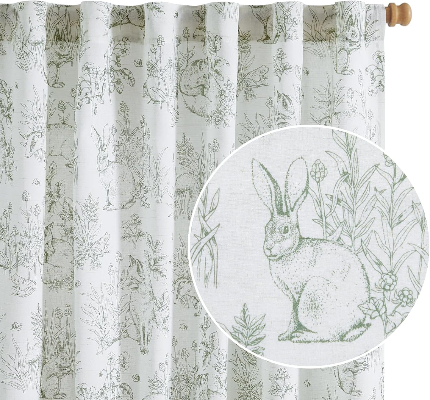 jinchan Easter Decor Linen Nursery Curtains 84 inch Long Woodland Wildlife Sage Green Print Drapes for Kid's Room Light Filtering French Country Farmhouse Curtains with Bunny Design Set of 2 Panels