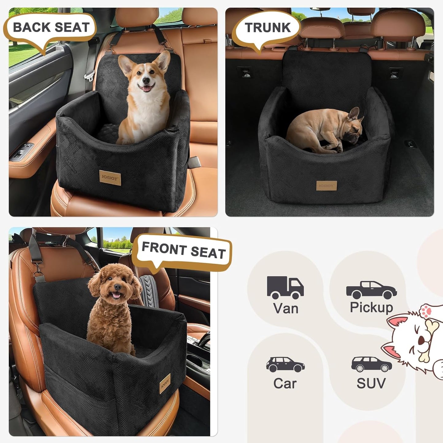 JOEJOY Dog Car Seats for Small Medium Dogs Under 35lbs, Dog Booster Seat with Detachable Washable Cover and Cushion, Memory Foam Pet Car Seat with Safety Belt and Storage Pockets (Black)