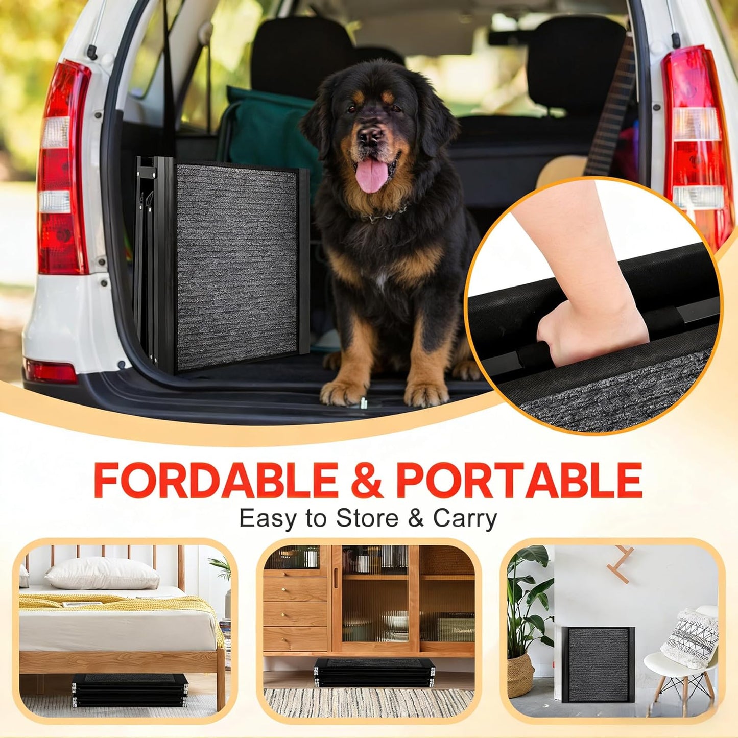 Dog Ramp for Large Pets, 71'' * 17'' Felt Surface Pet Car Ramp & Stairs, Non-Slip Design Protects Joints, Portable 300 Lbs Capacity for SUV, Truck, High Profile Vehicles