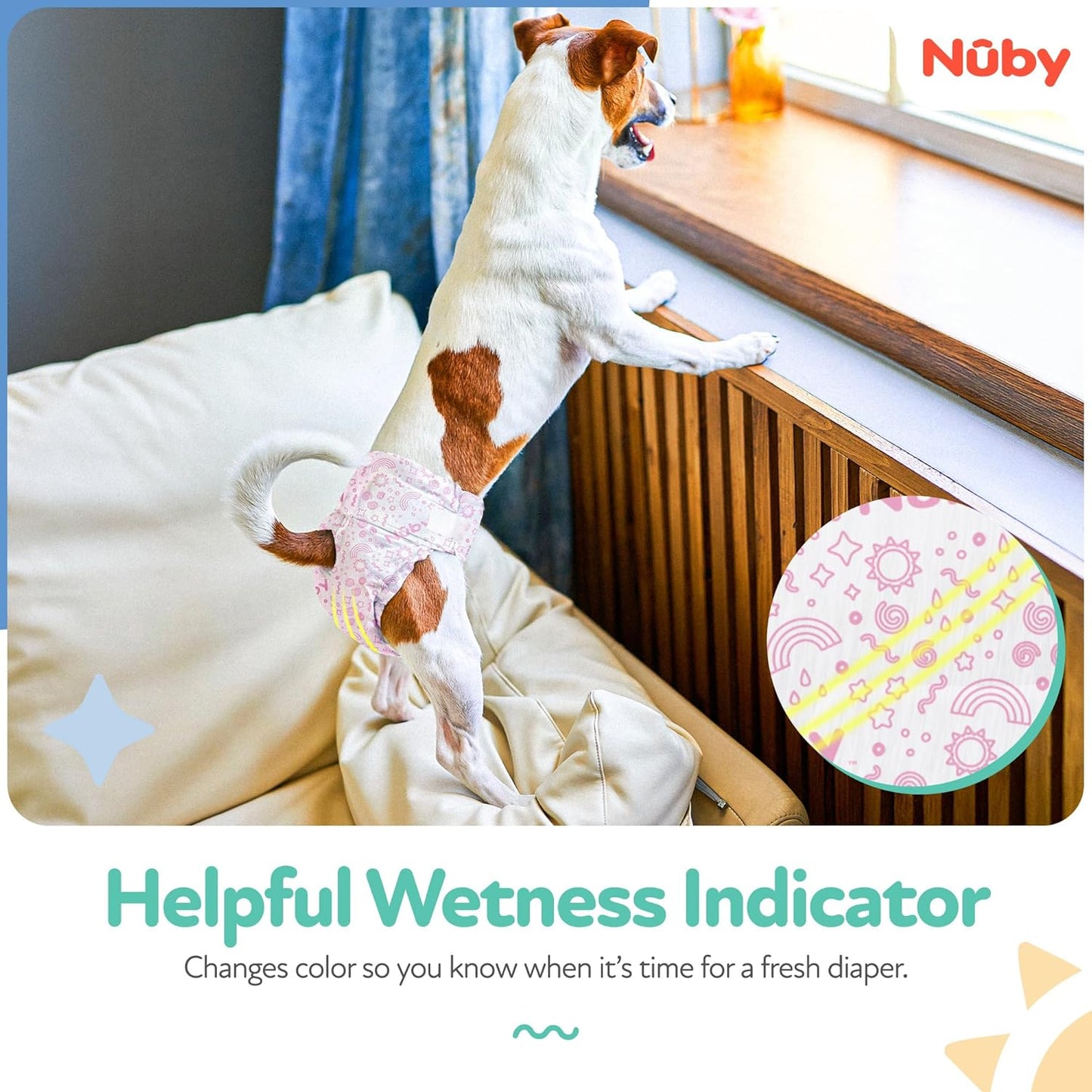 Nuby Pets Disposable Female Dog Diapers with Wetness Indicator, Leak-Resistant & Absorbent for Dogs in Heat, Training & Incontinence, X-Small (9-16” Waist), 50 Count
