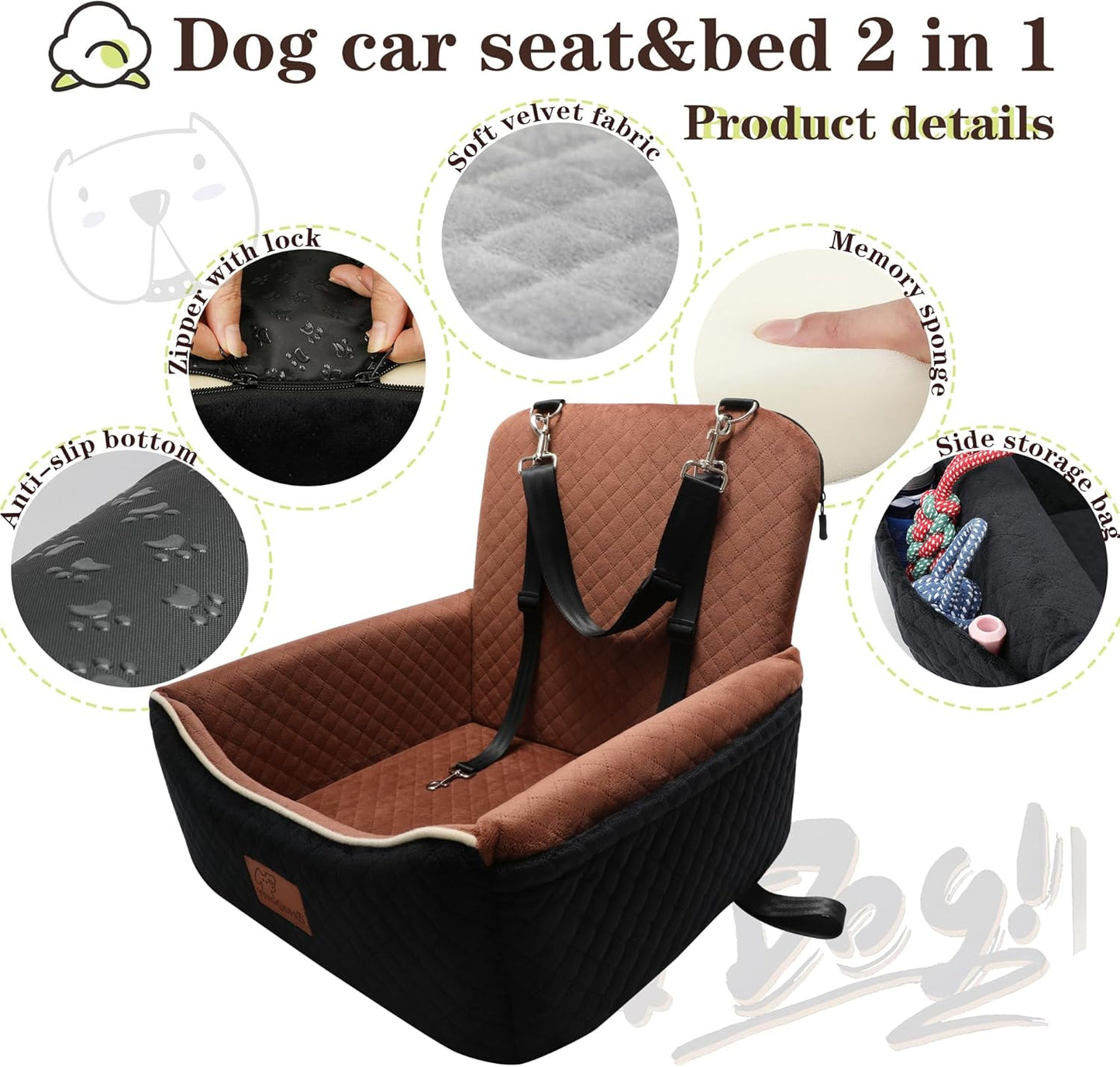 강아지 카시트 침대 2 in 1 최대 15.9kg(35파운드)의 소형/중형견용, 조절 가능한 안전 목줄, 부드러운 원단의 반려동물 여행용 자동차 침대가 있는 메모리 폼, 앞좌석과 뒷좌석에 쉽게 설치, 탈착식 및 세탁 가능.