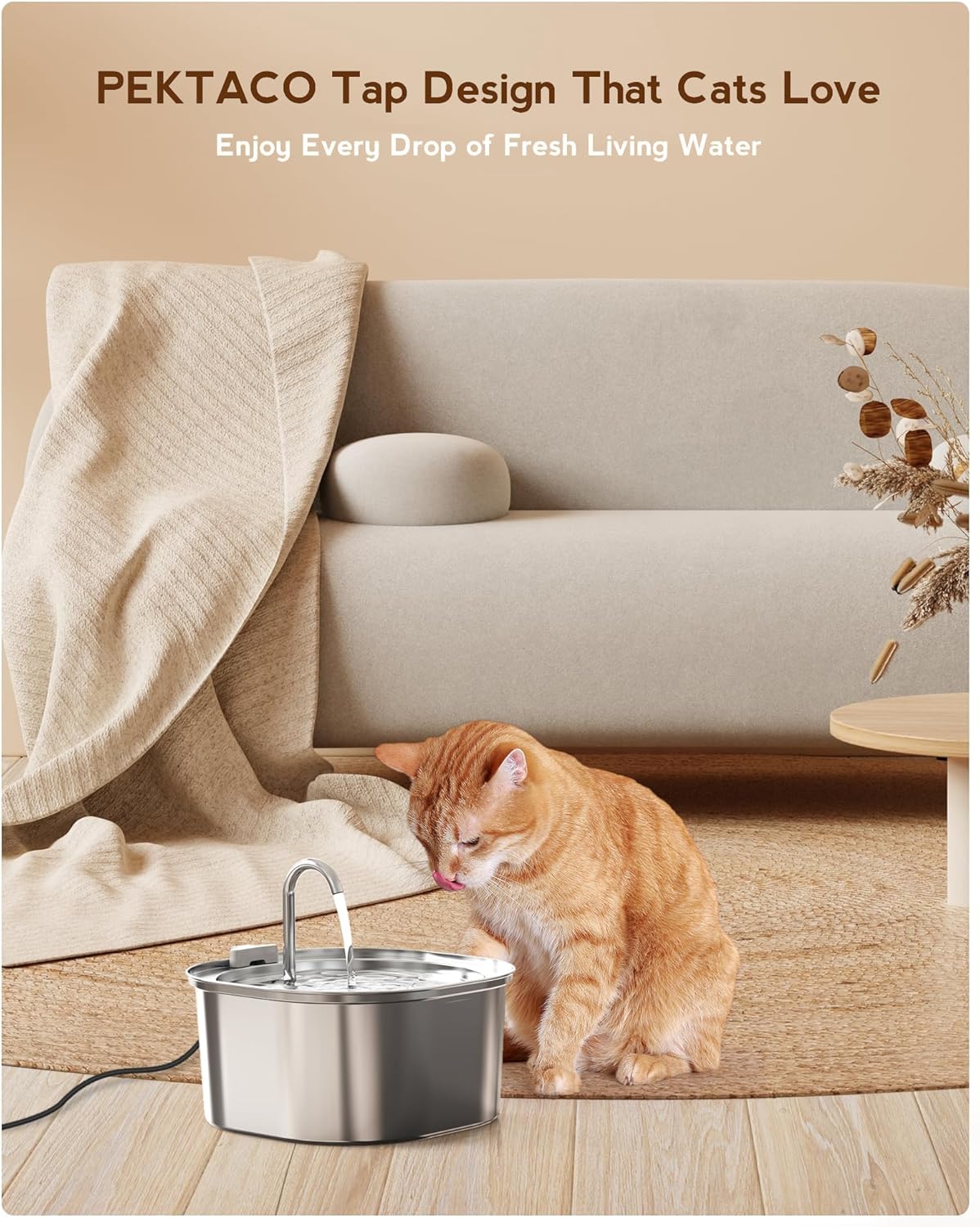 Stainless Steel Cat Water Fountain, 108oz/3.2L Pet Drinking Fountain for Cats & Small Dogs, Quiet Metal Water Dispenser with Flowing Spout for Indoor Use