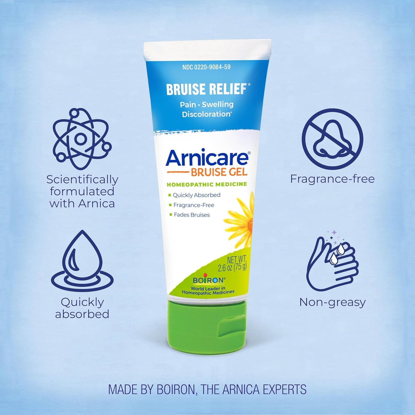 Boiron Arnicare Bruise Gel for Pain, Inflammation or Swelling, Soreness, and Discoloration - Non-greasy and Fragrance-Free - 2.6 oz