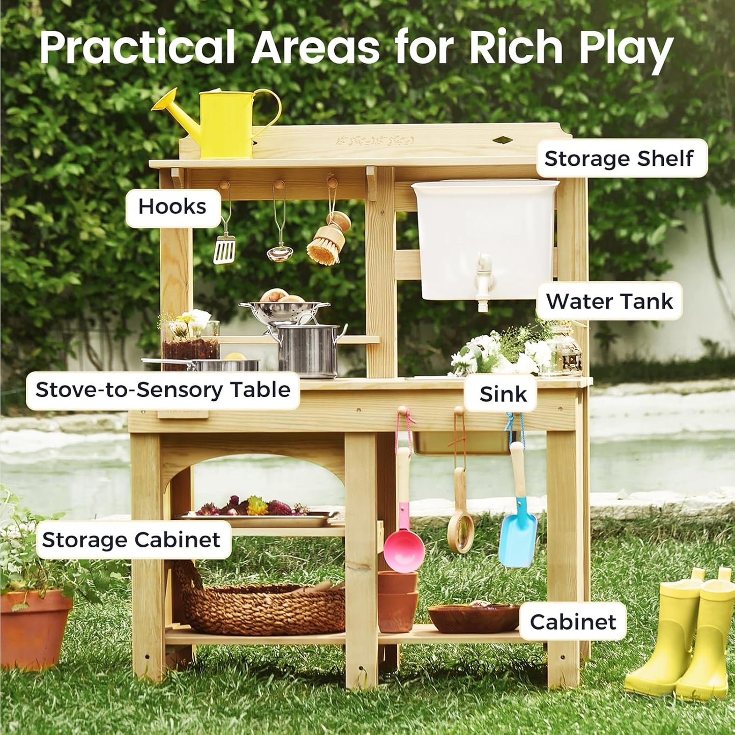Tiny Land Outdoor Mud Kitchen for Kids, Wooden Play Kitchen with Water Tank, Water & Cooking Play, Sensory Fun, Weather-Resistant with Storage, Ideal for Toddlers Ages 3+