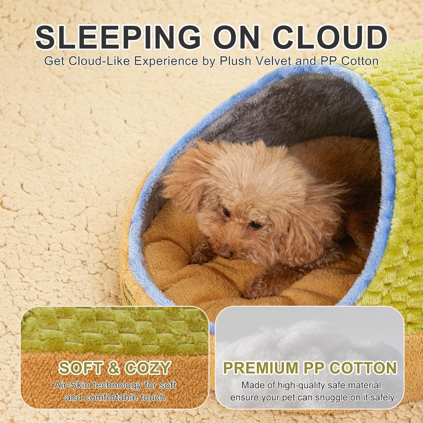 Jiupety Cute Cat Beds for Indoor Cats, Cat Cave Bed for Kittens, Hideaway Cat House for Cat & Small Dog with Anti-Slip Bottom, Washable Removable Cushion, L(19"x17"x16"), Green