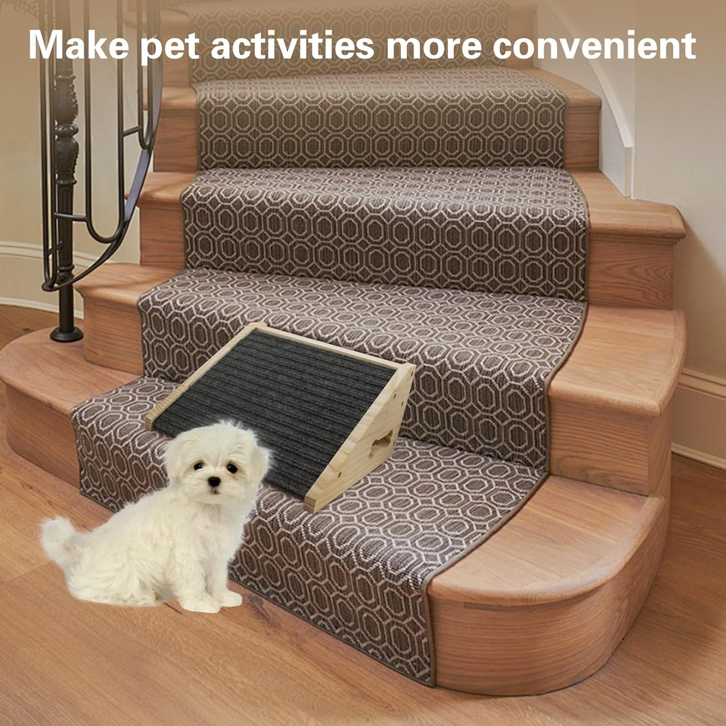 Dog Ramp for Stairs, Wooden Low-Angled Pet Ramps with Anti-Slip Carpet Surface, Step and Stair Assist for Small Medium Dog & Cats, Injured & Aged Pets (1 Pack)