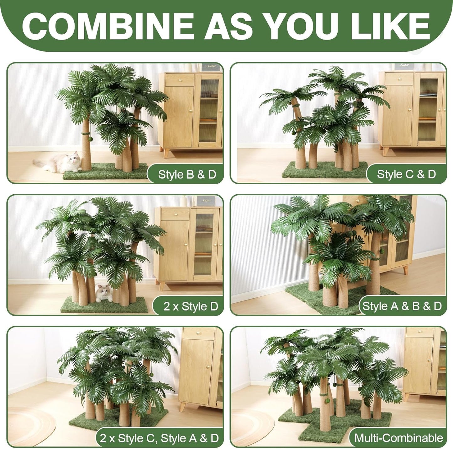 40'' Tall Cat Scratching Post Cat Tree, 3 Curved Design Palm Tree Cat Scratching Post with 8 Interactive Balls, Natural Sisal Rope Cat Scratchers for Indoor Cats, Multi-Combinable (Style D)