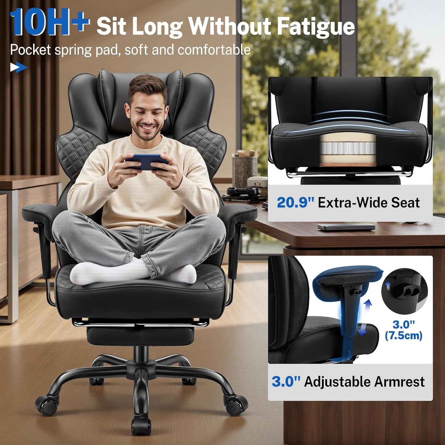 FelixKing Big and Tall Office Chair 500lbs - Ergonomic Desk Chair with Footrest, Scratch-Resistant PU Leather Computer Chair, 4D Lumbar Support Gaming Chair, Comfy Reclining Swivel Work Chair, Black