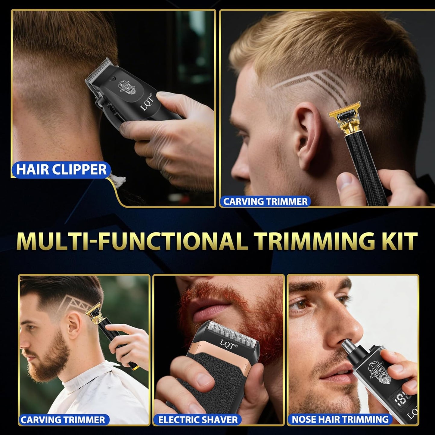Hair Clippers for Men with LED Display, 4-Piece Cordless Grooming Kit with Hair Clipper, Beard Trimmer, Foil Shaver & Nose Trimmer, Complete Set for Home Barber