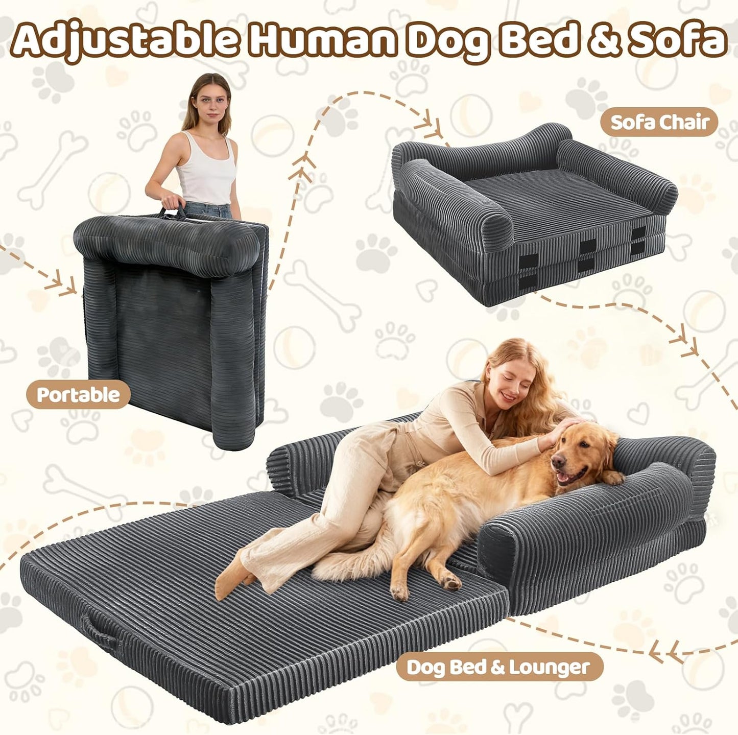 Foldable Human Dog Bed for Adult, 72"x43"x14" Giant Floor Bed for People & Pets with Orthopedic Memory Foam Sofa Bed Portable, Waterproof Machine Washable Cover, Dark Grey