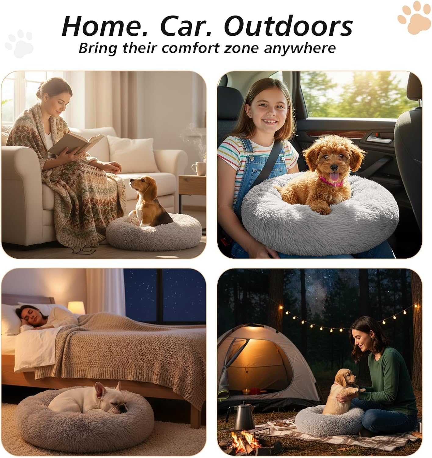 JOLLYVOGUE Calming Dog Bed Medium Size Dog, Anti-Anxiety Donut Medium Pet Bed, 27 inches Fluffy Faux Fur Round Cat Bed (Smoke Grey)