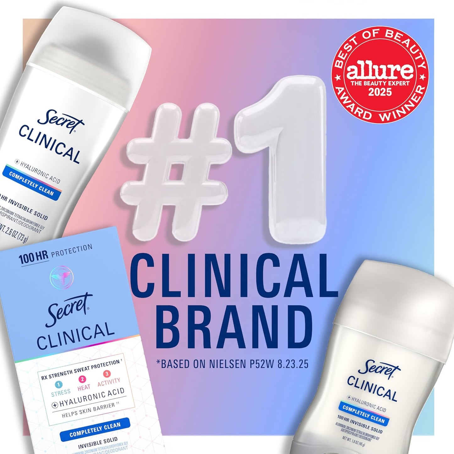Secret Clinical Strength Antiperspirant Deodorant for Women, 100hr Sweat & Odor Protection, 3X Stress Protection with Hyaluronic Acid, PH Balancing, Invisible Solid, Completely Clean Scent, 1.6 oz