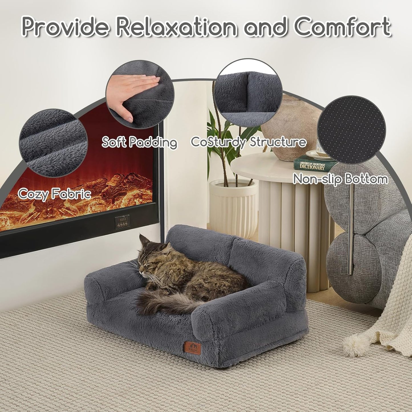 Hollypet Fluffy Dog Cat Bed Pet Couch Beds Plush Soft Warming Washable Puppy Bed for Small Medium Dogs and Large Cats, Gray, 24" L x 18" W x 10" Th