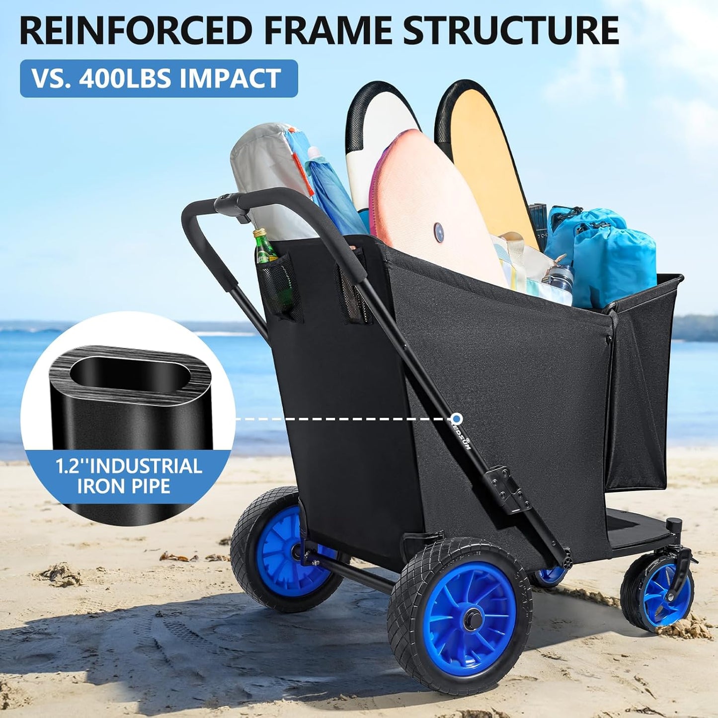 KEDSUM Beach Wagon with Big Wheels for Sand, 400LBS Heavy Duty Beach Cart with 12" All Terrain Rubber Wheels, 320L Large Capacity Collapsible Wagon for Garden Sports Camping Outdoor Activities