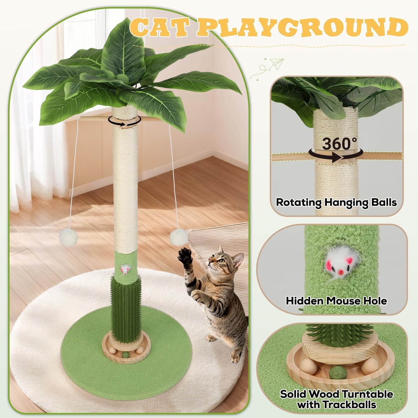 Cat Scratching Post,37.5'' Tall Sisal Cat Tree Scratching Post for Indoor Cat,Cat Scratcher with Cute Mouse Hole Toy,Interactive Ball and Rotating Ball Self Groomer Brush for Kittens Adults Cat