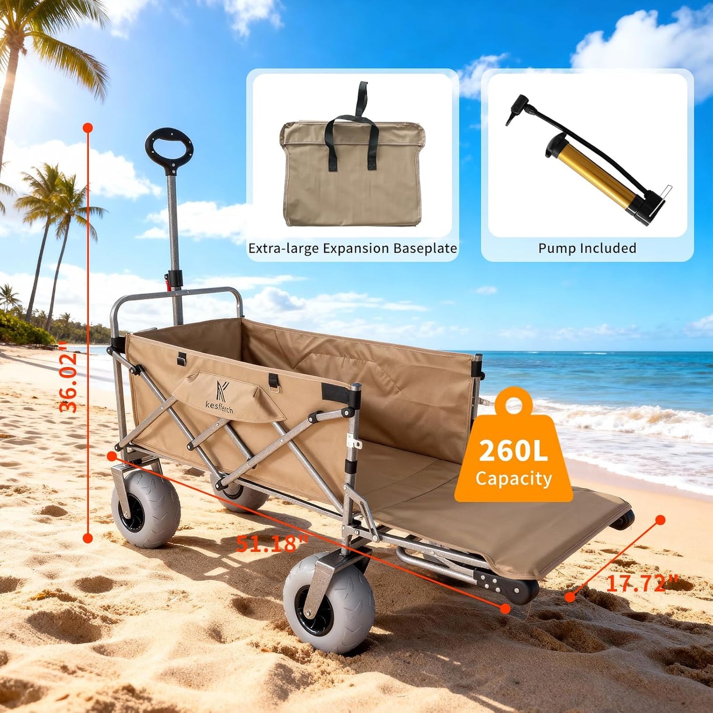 Beach Wagon with Big Wheels for Sand – 10" Balloon Tires & 450lb Heavy Duty Foldable Cart | Removable All-Terrain Design for Camping, Garden, Beach & Groceries