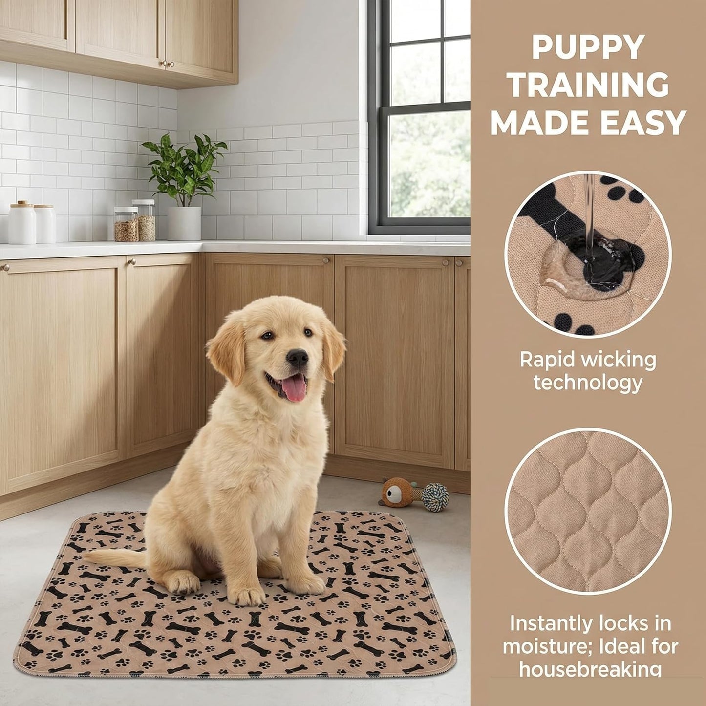 Washable Pee Pads for Dog Stylish Non-Slip and Leak-Proof Pee Ma Ultra-Absorbent Reusable Potty Training Pads Puppy Pads with Pheromones - Leak & Odor Proof for Dogs, Cats, Puppy (Brown, M)