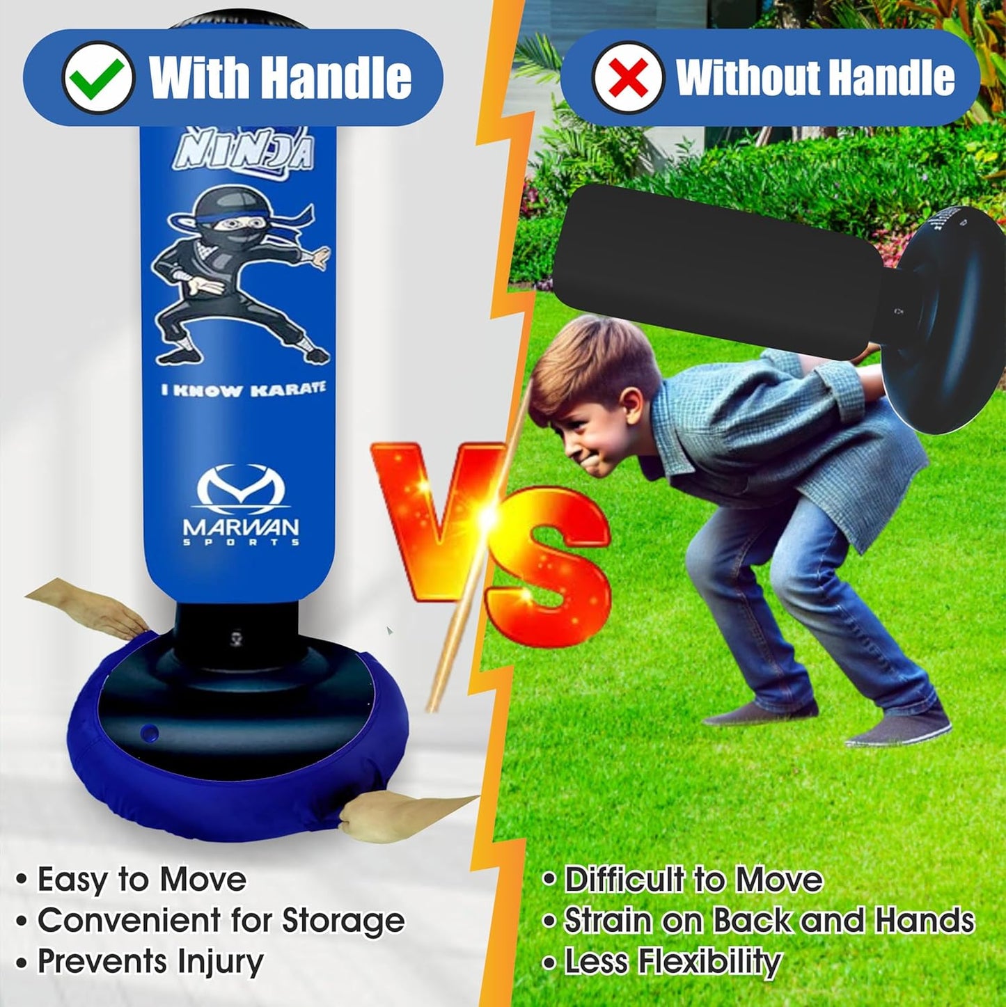 Marwan Sports 5-in-1 Kids Punching Bag Set with Gloves, Pump & Funnel – 63” Inflatable Boxing Bag for Kids 4-12, Durable PVC, Fast Rebound, Waterproof Base Cover with Handles, Gift for Boys & Girls