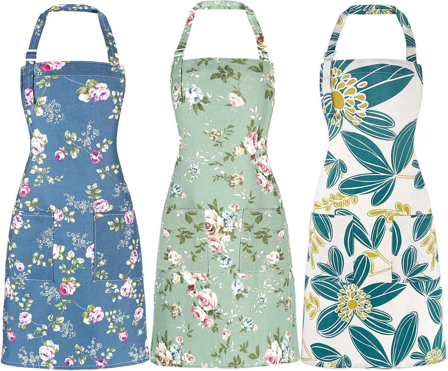 Apron for Women with Pockets, 3 Pcs Floral Print Canvas Apron with Adjustable Neck Strap for Cooking, Baking, Gardening, Crafts