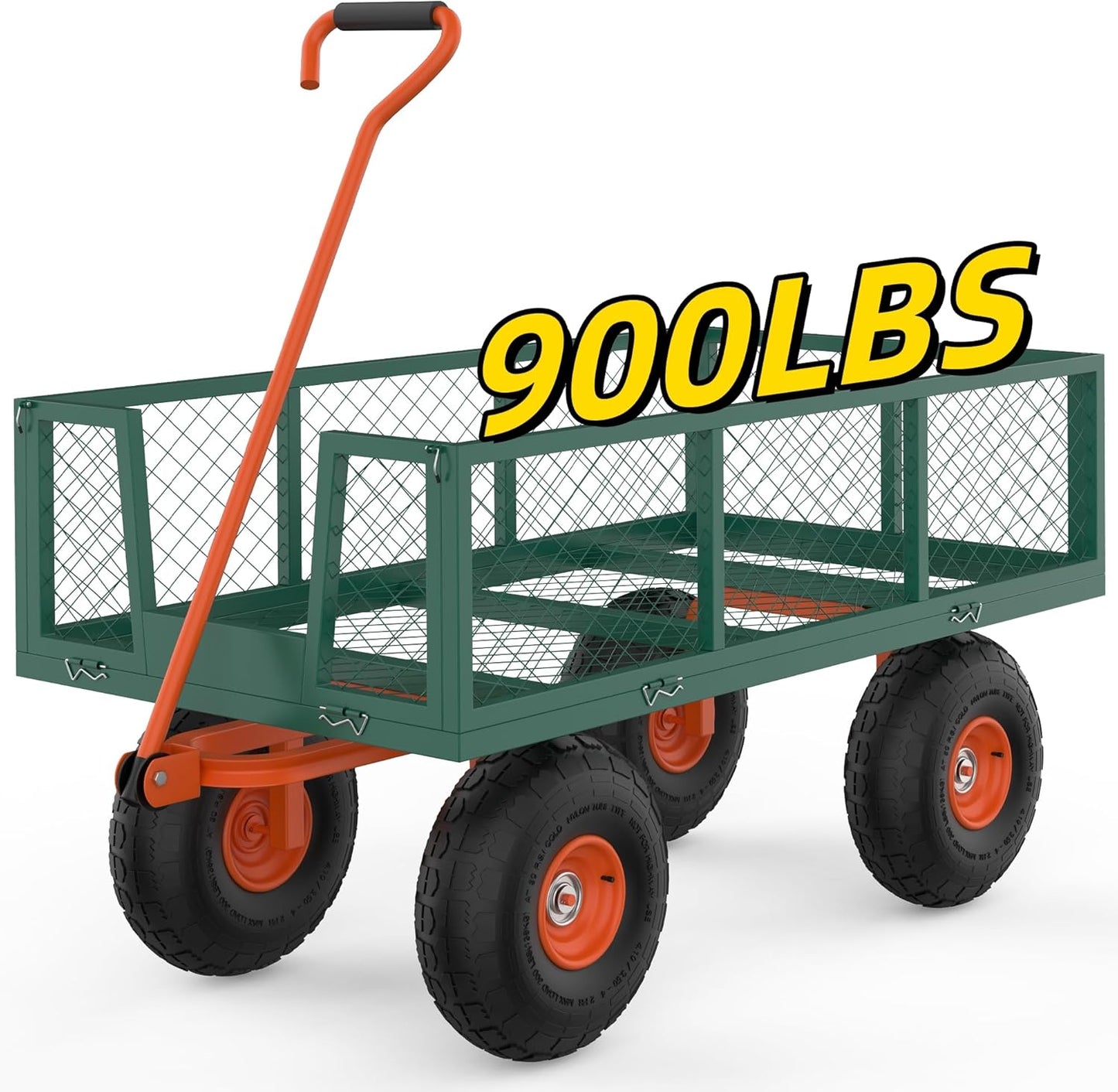 900 LBS Garden Cart Steel, 3 in 1 Heavy-Duty Folding Utility Wagon with Removable Sides, 180° Rotating Handle & 10 inch Tires for Outdoor, Farm, Yard, Lawn and Garden