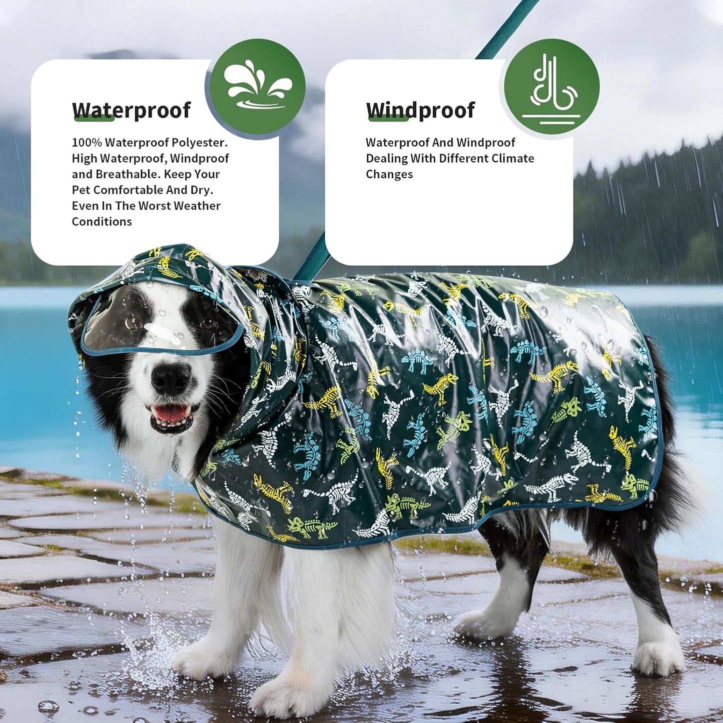 Dog Raincoat, Waterproof Windproof Dog Rain Jacket with Hood, Rain Coat with Leash Hole, Adjustable Raincoat Poncho for Small Medium Large Dogs Outdoor (Green, XL)