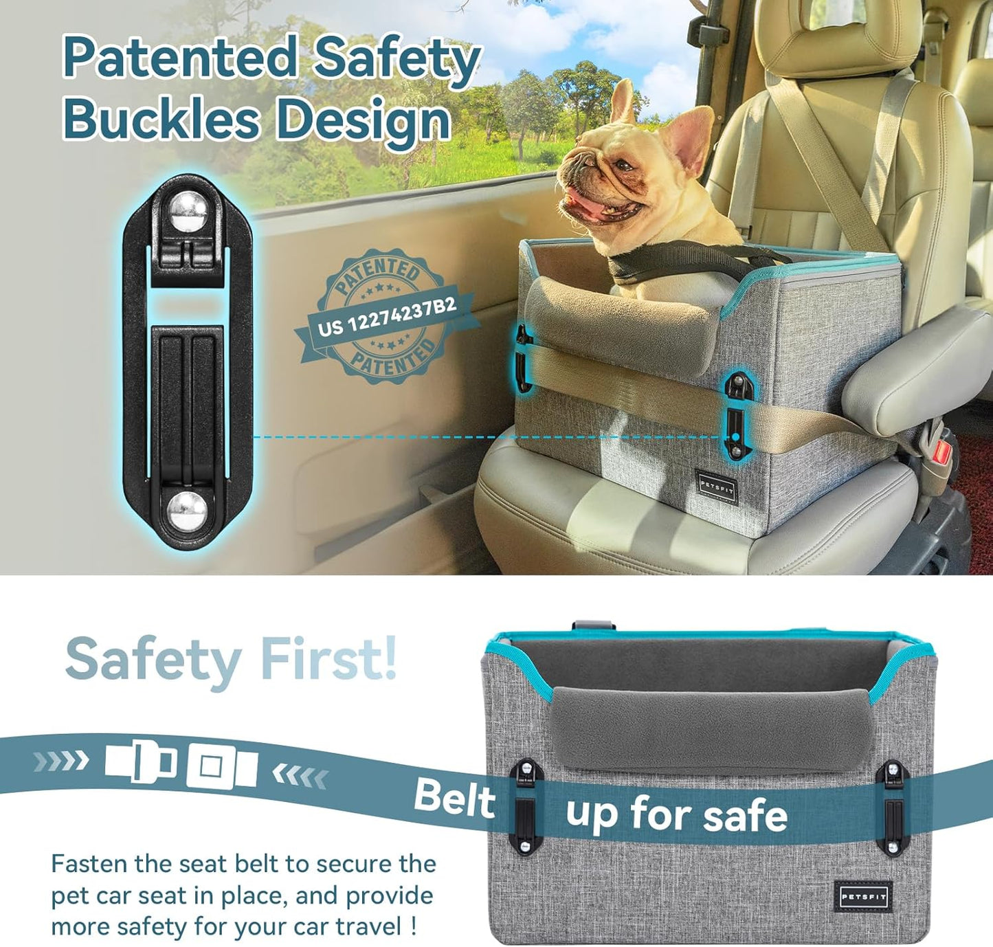 PETSFIT Dog Car Seats for Small Dogs – Patented Safety Buckles – Safety Tether – Foldable Travel Dog Booster Car Seat Reduces Anxiety & Road Trips – Stable Frame, Soft Cushion, Fits Front/Back Seat