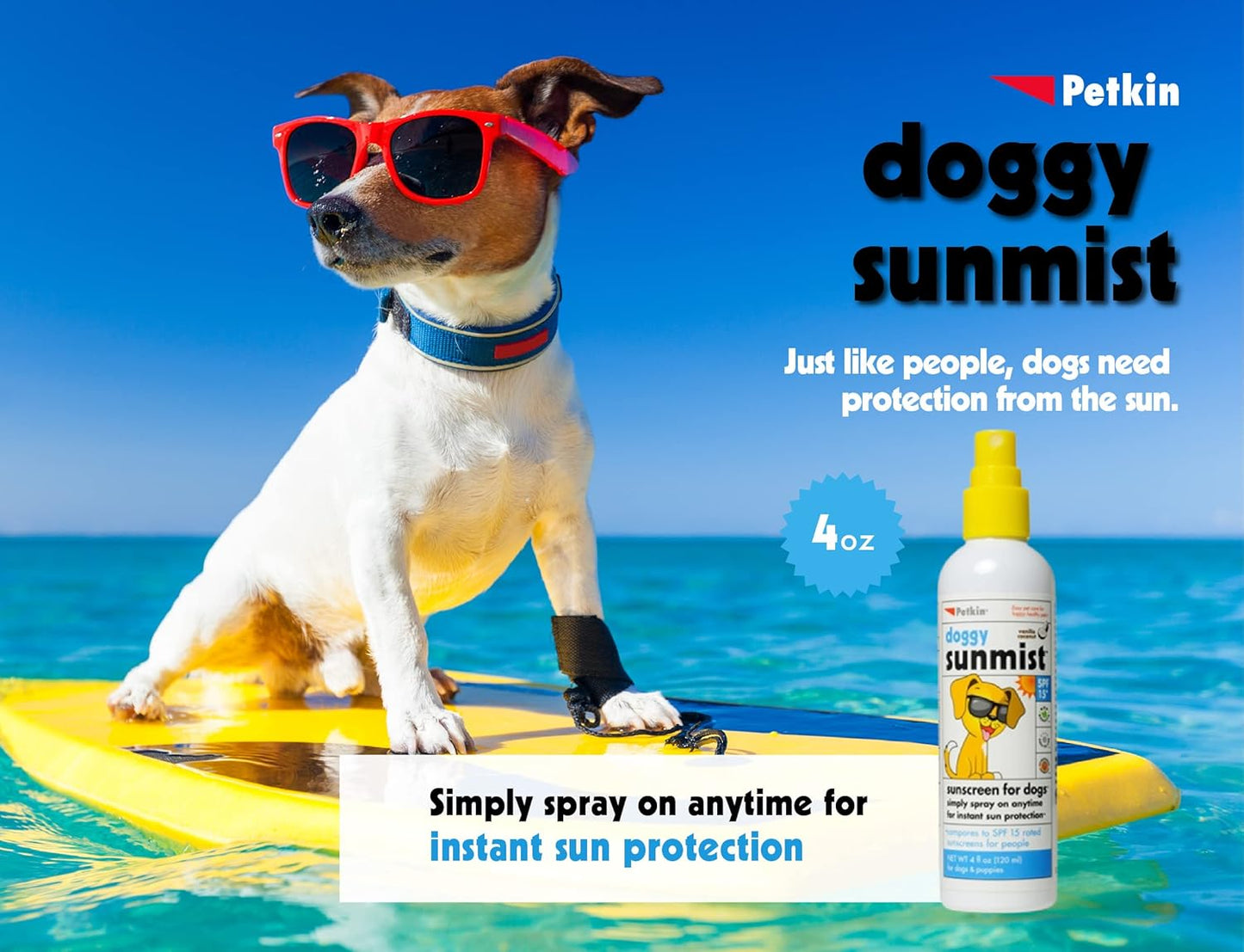 Petkin Dog Sunscreen Sunmist– Sunscreen for Dogs and Puppies, SPF 15 – Simply Spray on Anytime for Instant Sun Protection – Vanilla Coconut Scent, 4 oz Bottle – Ideal for Home or Travel