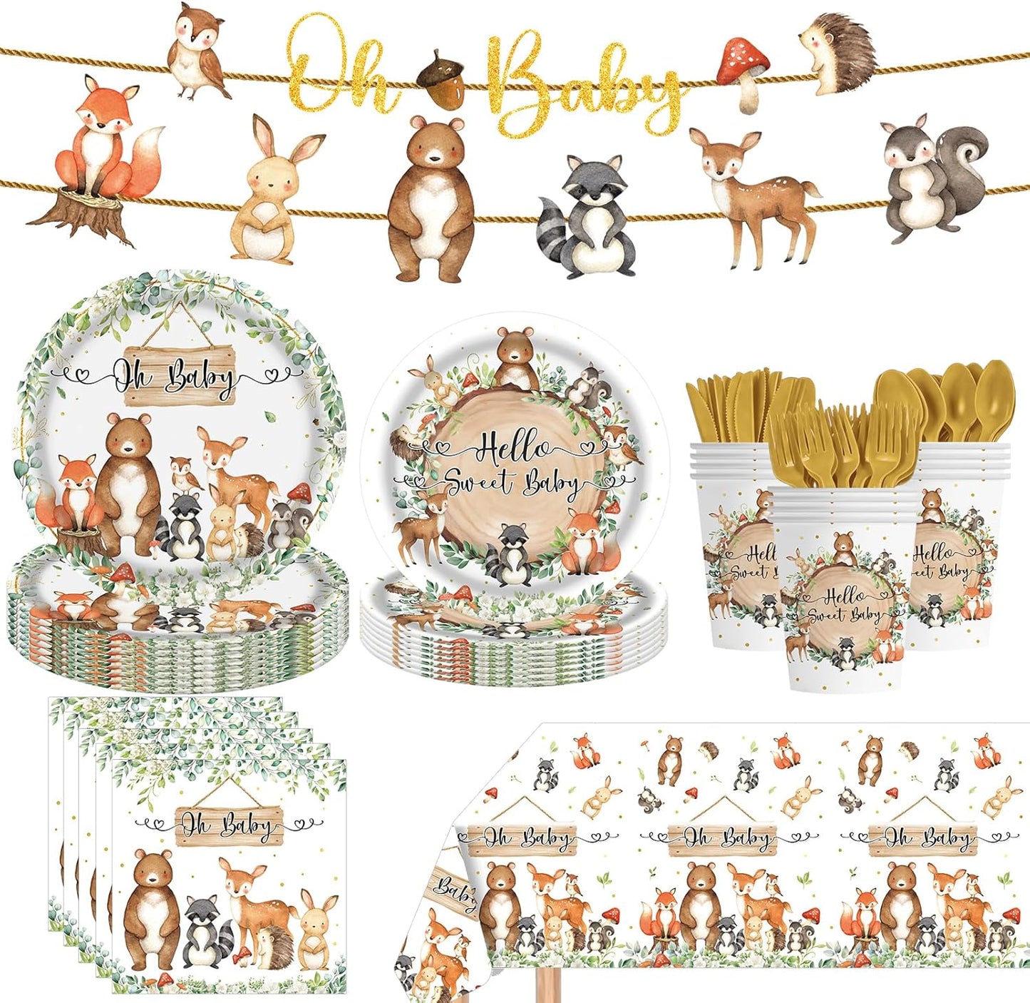 142pcs Woodland Animals Baby Shower Decoration Pack Forest Animal Neutral Gender Reveal Party Supplies Woodland Themed Birthday Party Ideas Set