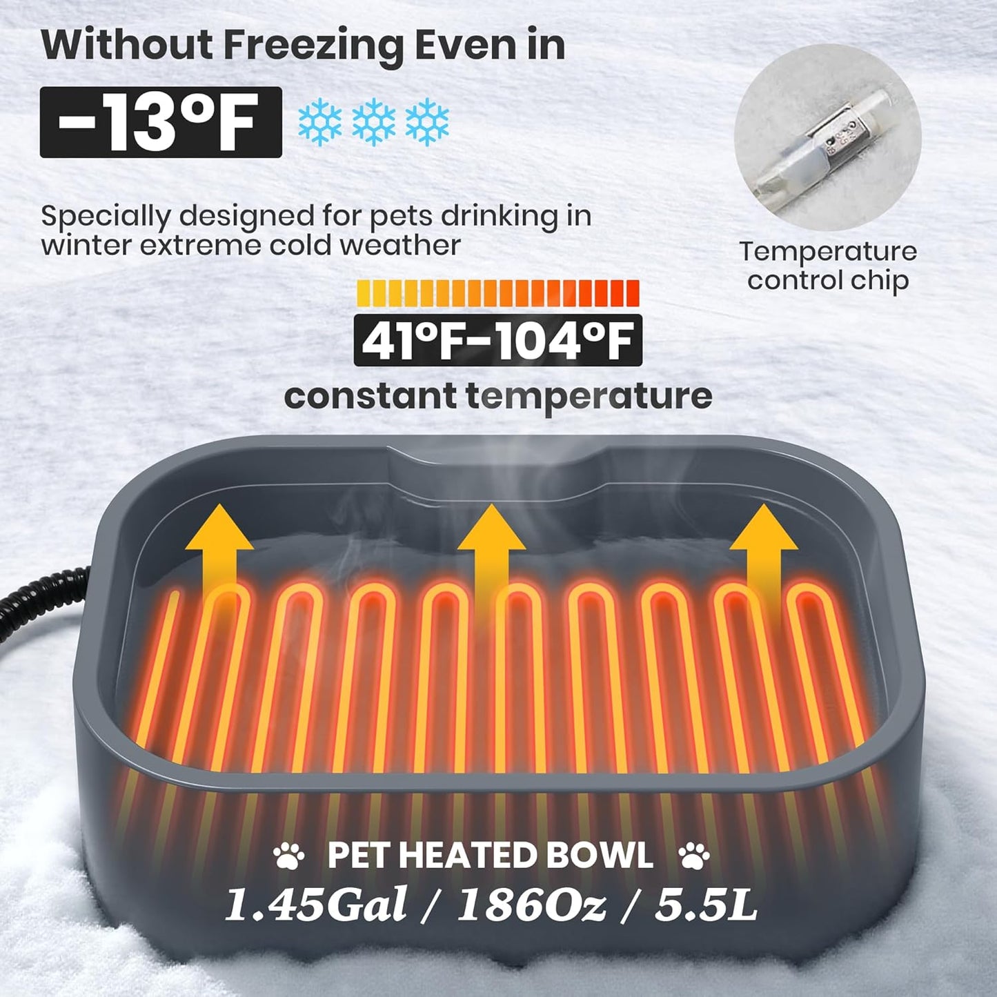 1.45 Gal/5.5L Heated Water Bowl, Extra Large Heated Dog Bowls for Outside, Safety Listed Heated Pet Bowl with Anti-Chew Cord for Dog & Cat Drinking Water in Winter, BPA-Free, Anti-Slip Base(Grey)