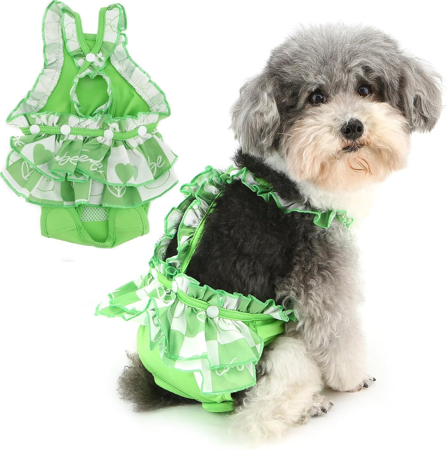 Zunea Washable Female Small Dog Diapers for XS/S Size Dogs Adjustable Suspender Reusable Puppy Sanitary Diaper Pantie Cute Love Print Nappies Skirt for Doggy Chihuahua Yorkie in Heat Green M