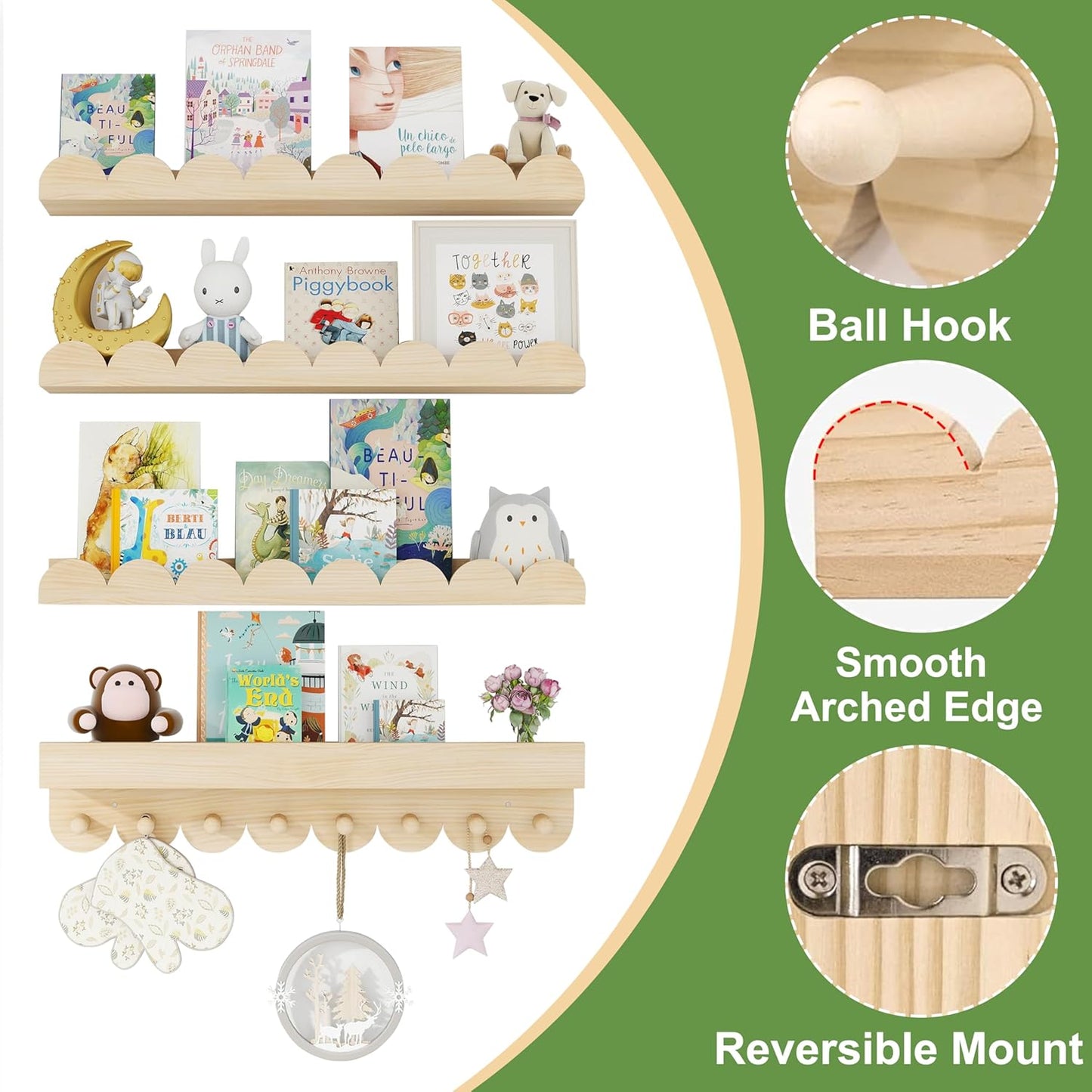 24 Inch Nursery Book Shelves with Hooks, 4-Pack Floating Shelves for Wall, Scalloped Shelves, Wall Book Shelves for Kids Room, Toddler Room, Baby Room, Nursery Decor