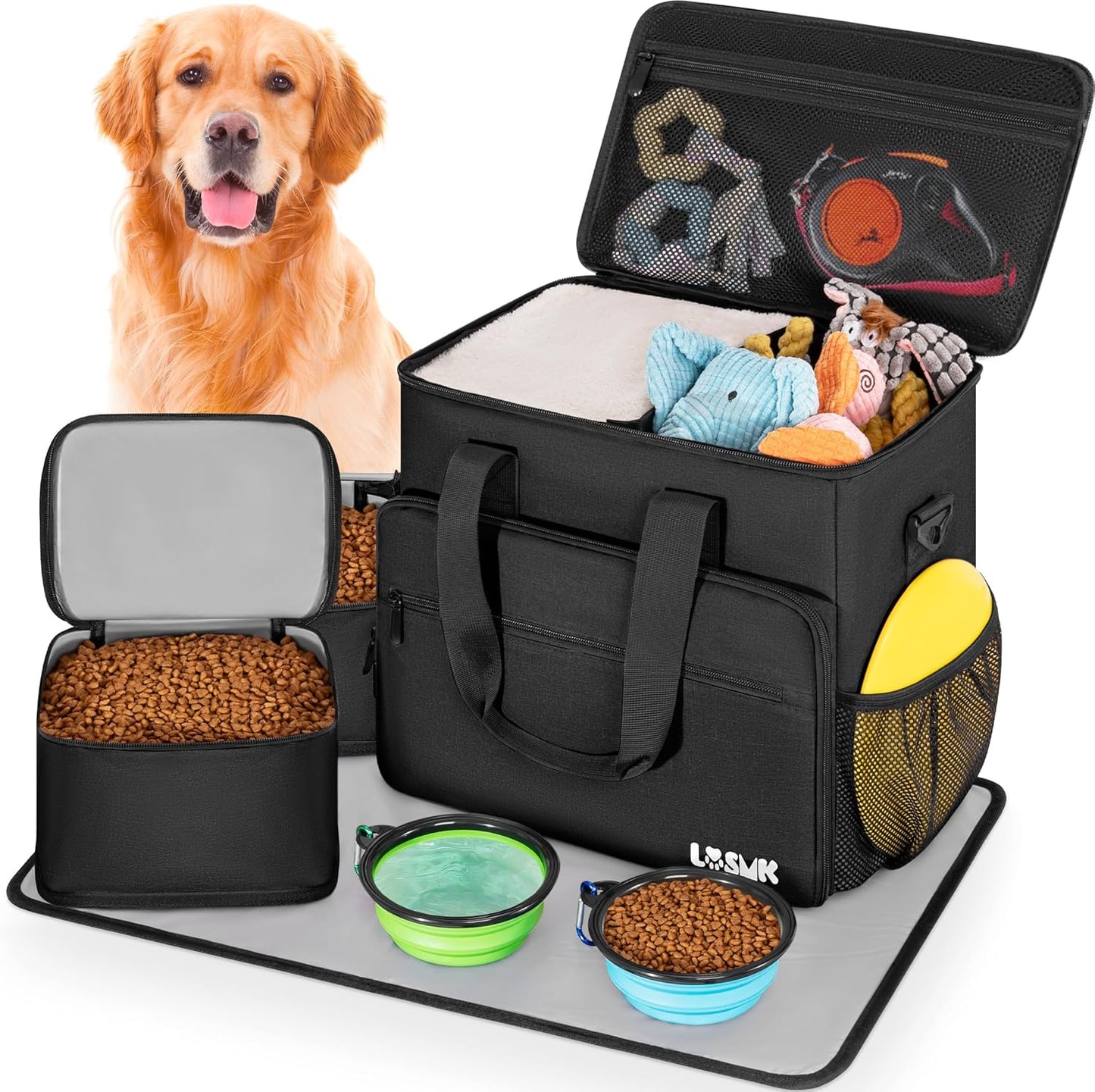 Dog Travel Bag, Large Pet Travel Set with Multi-Function Pockets, 2 Food Storage Containers, 2 Collapsible Bowls, 1 Feeding Mat for Pet Supplies, Road Trip Essentials, Weekend Camping (Black)