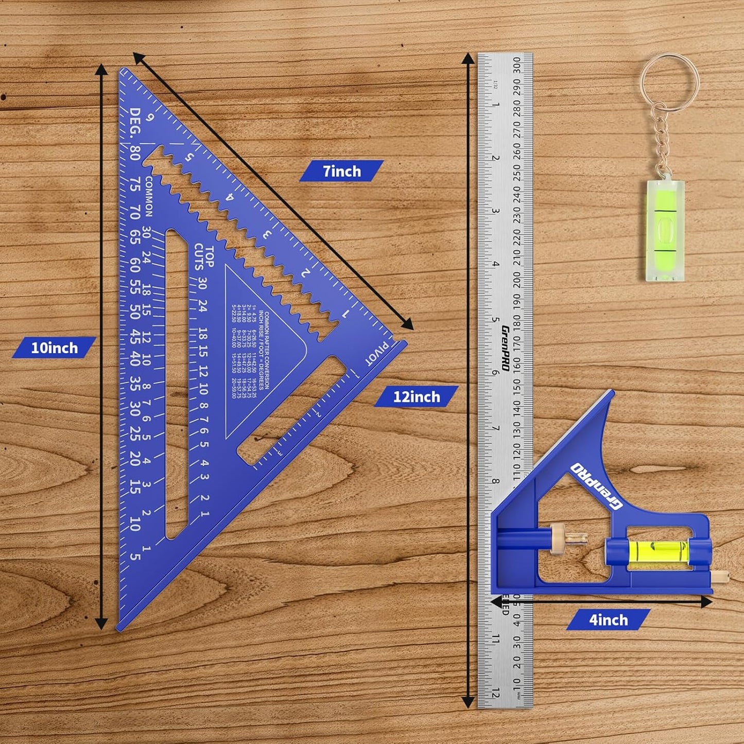 Combination Square Woodworking Ruler Tools, 7inch Carpenter Square Wood Working Tools and Accessories, 12inch Square Ruler, Includes 2-in-1 Carpentry Pencil, Protractor Angle Machinist Tool