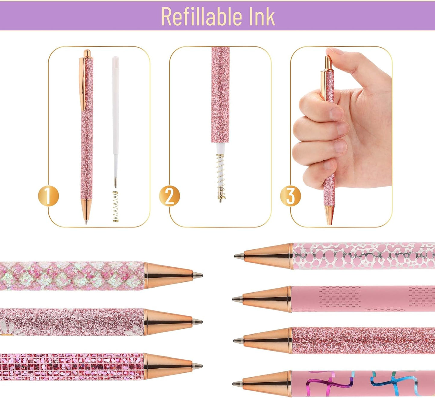Mr. Pen- Fancy Pens for Women, Pink Paradise, 7 Black Ink Ballpoint Pens with 10 Refills, 1.0mm, Cute Pens for Journaling, Mother's Day