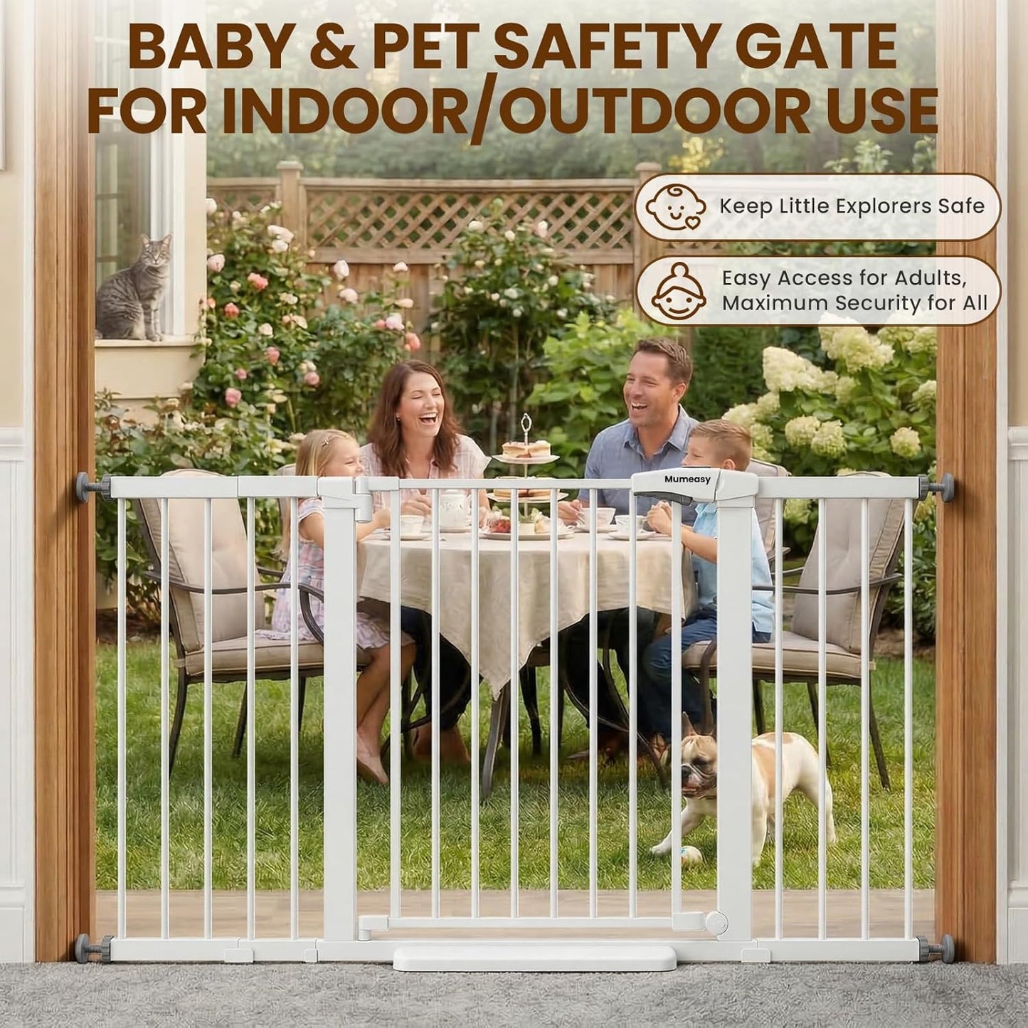 Mumeasy 29.7-57" Extra Wide Baby Gate for Doorways, Auto Close Dog Gate Indoor for Stairs, No-Drill Pressure Mounted Pet Gate with Door, Easy Walk Thru Long&Large Safety Gate for House, Outdoor, White