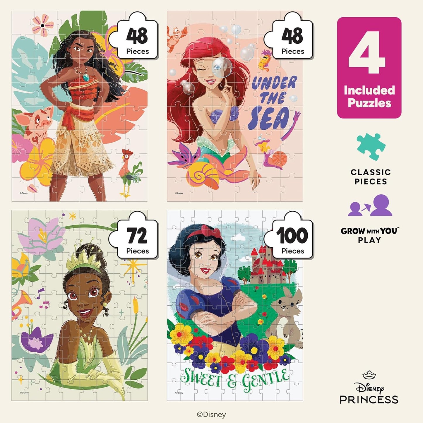 Ceaco - 4 X 1 Kids Multipack - Disney - Princess - Multi-Piece Jigsaw Puzzle for Families -Challenging Puzzle Perfect for Game Nights - Finished Size is 26.75 x 19.75