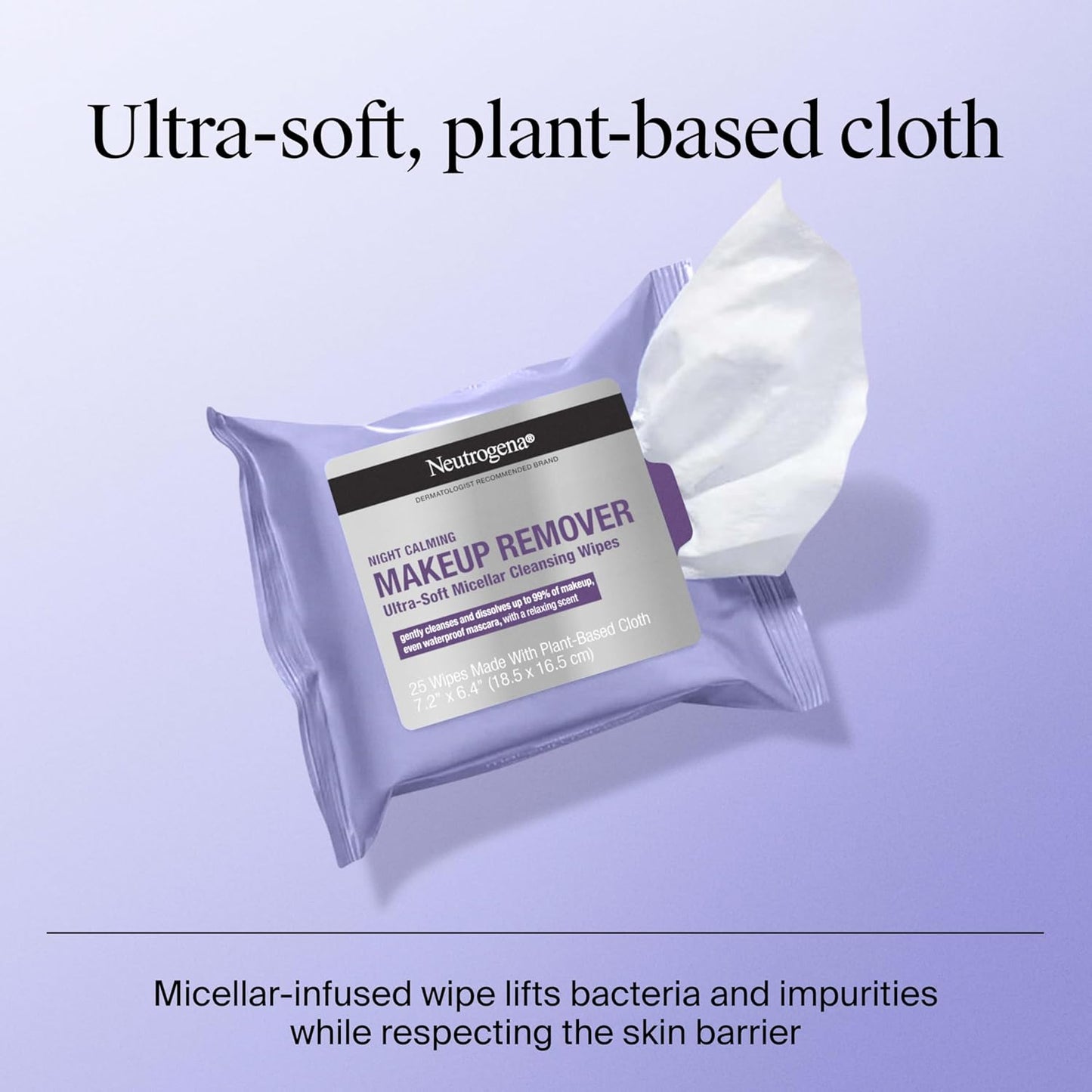 Neutrogena Night Calming Makeup Remover Face Wipes, Nighttime Cleansing Towelettes Remove Sweat, Dirt & Makeup & Calms Skin, Hypoallergenic, 100% Plant Based Cloth, Twin Pack, 2 x 25 ct