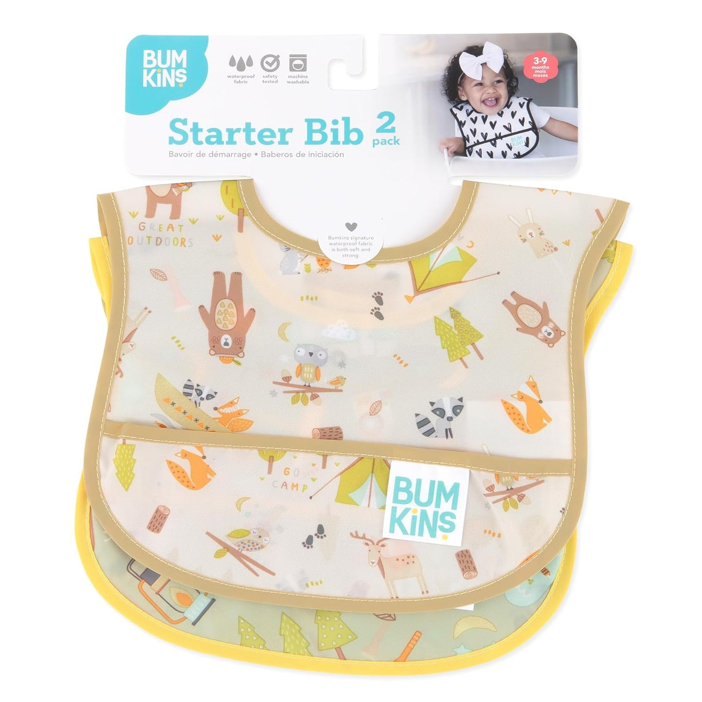 Bumkins Bibs, for Baby Girl or Boy, Infant 3-9 Months, Essential Must Have for Eating, Feeding, Baby Led Weaning Supplies, Mess Saving Waterproof Soft Fabric, Starter Bib 2-pk Camp Gear Green