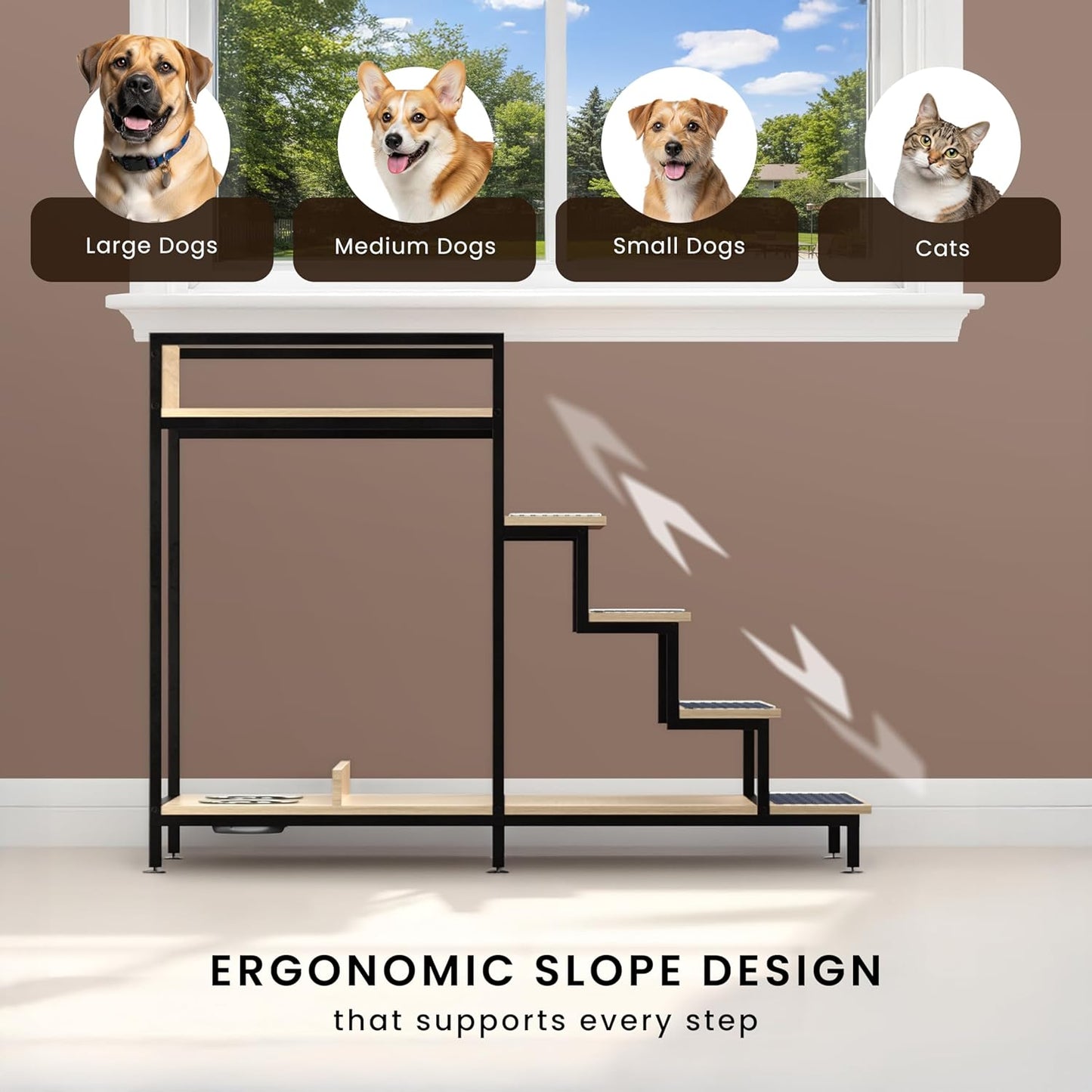 Dog Window Perch with Stairs - Multilevel Perch to Look Out Window with 130 lbs Load Capacity - Pet Bunk Bed with Feeding Station & Anti-Slip Carpet (Walnut Color)
