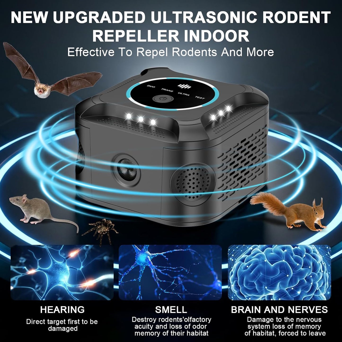 360° Ultrasonic Rodent Repellent Indoor: Upgraded Multi-Mode Mice Pest Repeller with Flashing Lights for Rat Control; Effective Mouse Deterrent for Home, Attic, Garage, Basement & Crawlspace