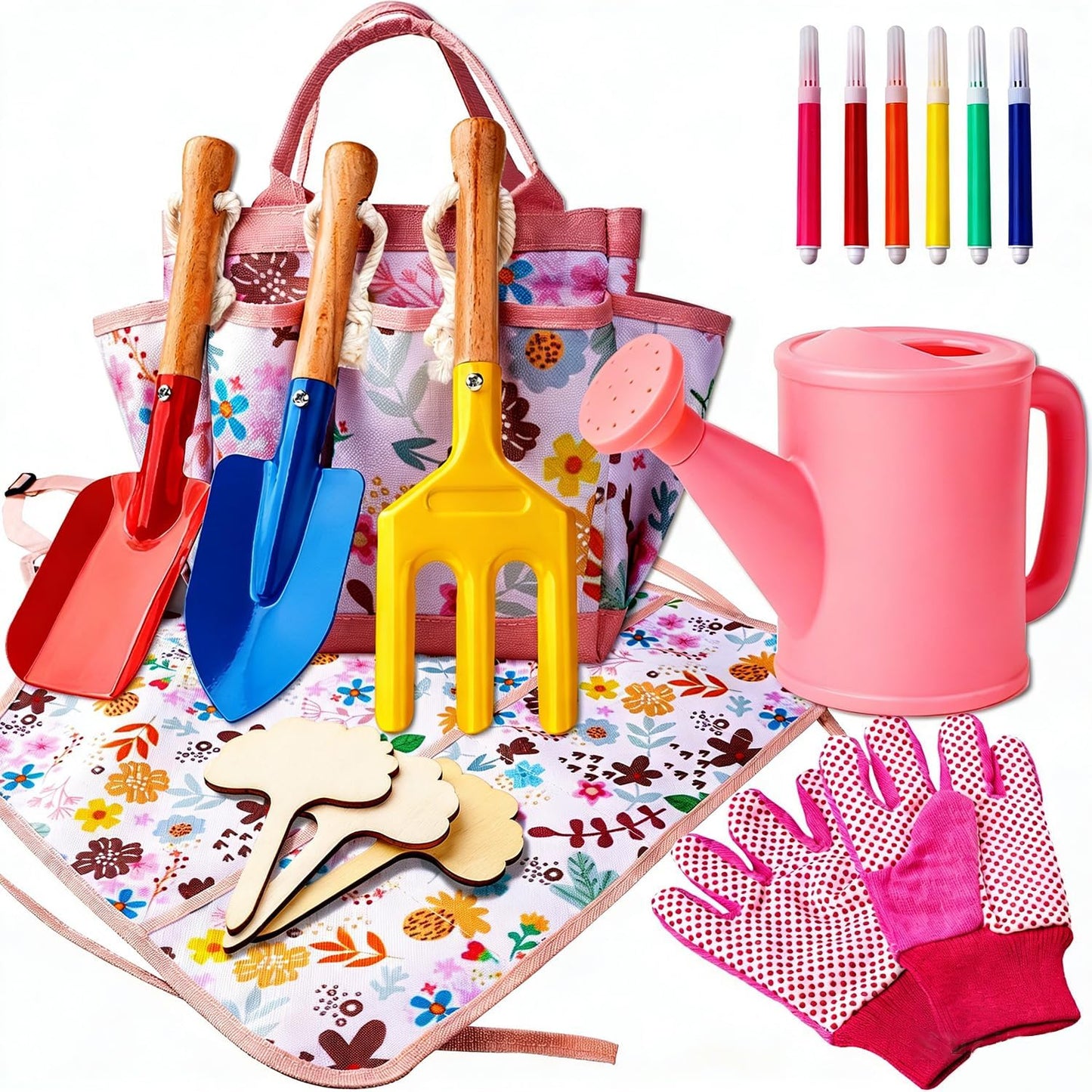 Kids Gardening Set - Gardening Tools for Kids includes Watering Can, Shovel, Rake, Gloves, Waterproof Apron and Garden Tote Bag, Children Garden Tool Outdoor Toys Gifts for Boys Girls Age 3 4 5 6 7 8