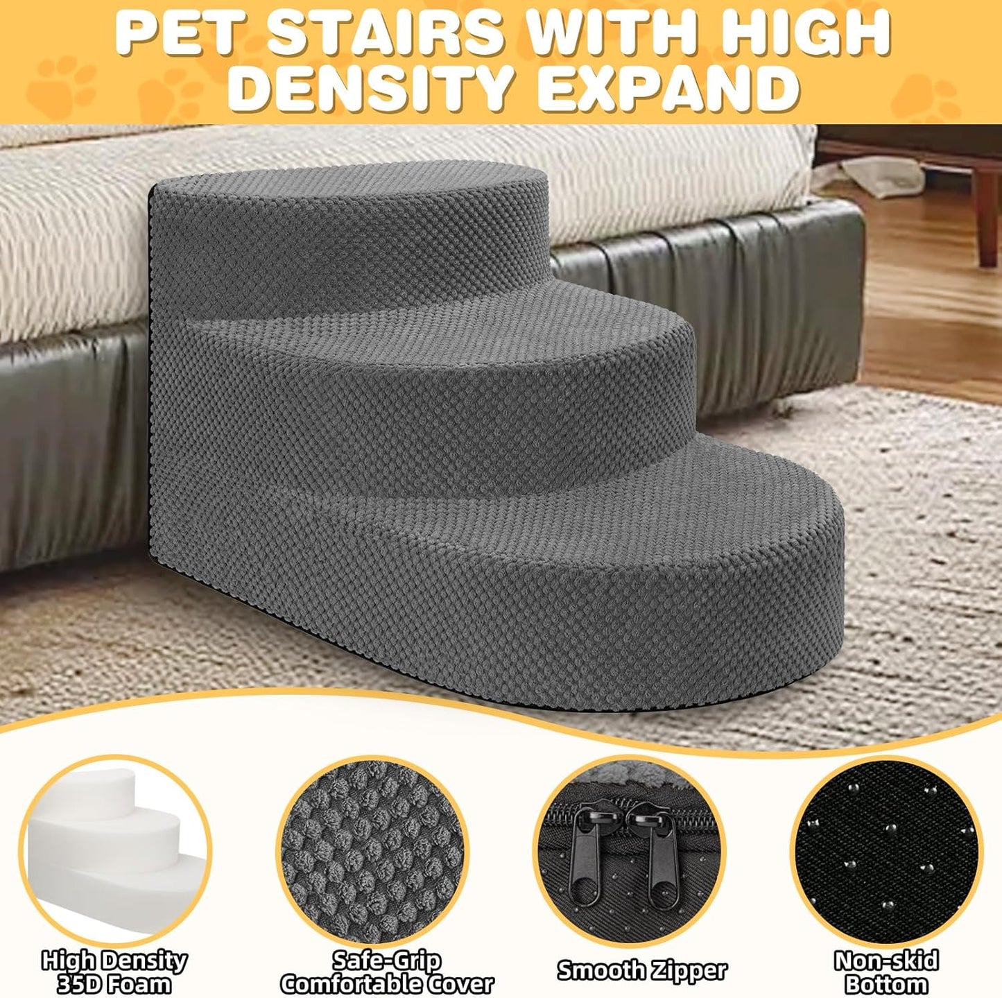 Dog Stairs for Small Dogs, Foam Steps for Small Dogs & Cats, 3 Steps Dog Ramp for High Beds, Couch, Window, Sofa, Pet Stairs with Removable Washable Cover, Non-Slip Sturdy Pet Steps, Grey