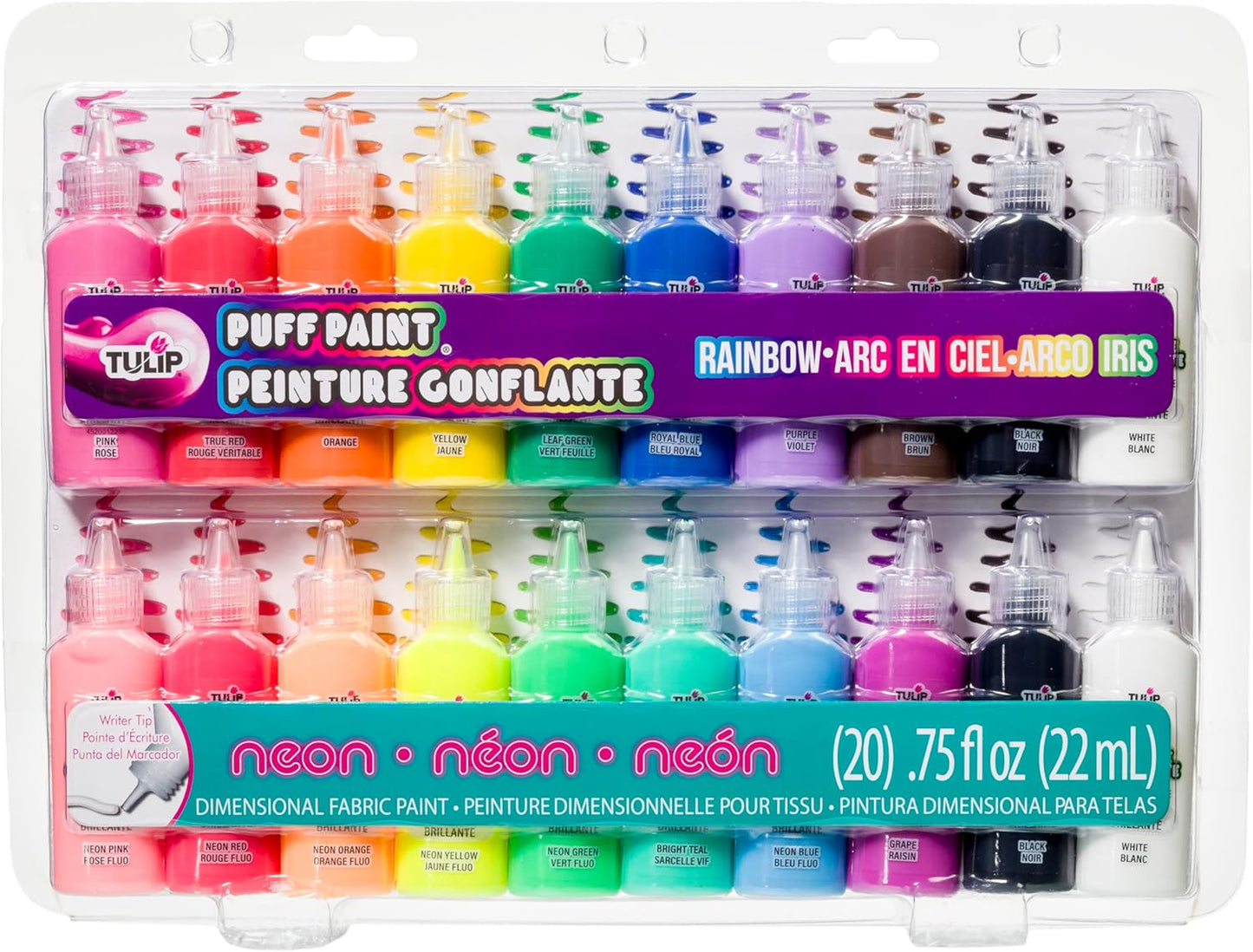 Tulip Puff Paint 20-Color Party Pack, Multi-Surface, Premium Quality, Nontoxic & Waterproof Craft Paint, Permanent on Fabric, Rainbow