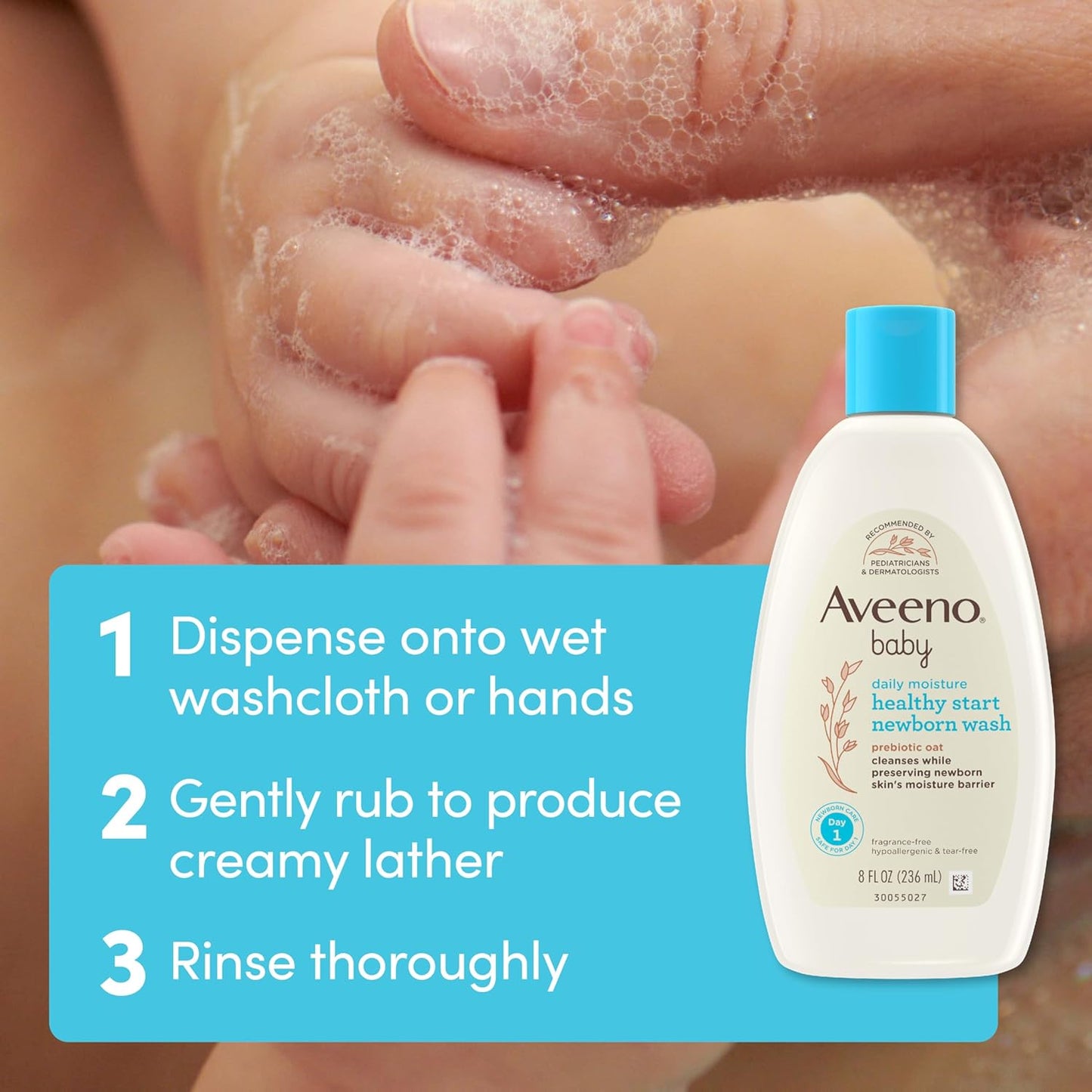 Aveeno Baby Healthy Start Nourishing Newborn Wash, Hypoallergenic Baby Body Wash, Prebiotic Oat, Gently Cleanses Sensitive Skin, No added Fragrances & Parabens, Tear-free, 8 fl. oz
