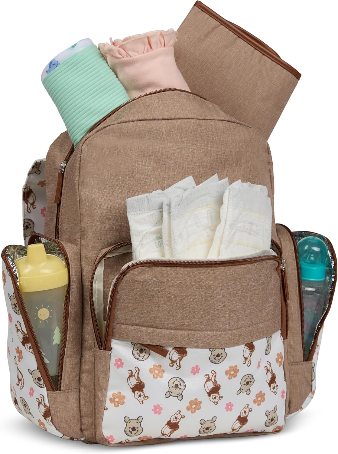 Disney Diaper Bag Backpack with Changing Pad Winnie the Pooh – 16” Nylon Baby Bag for Parents, Insulated Bottle Holders, Multiple Storage Pockets